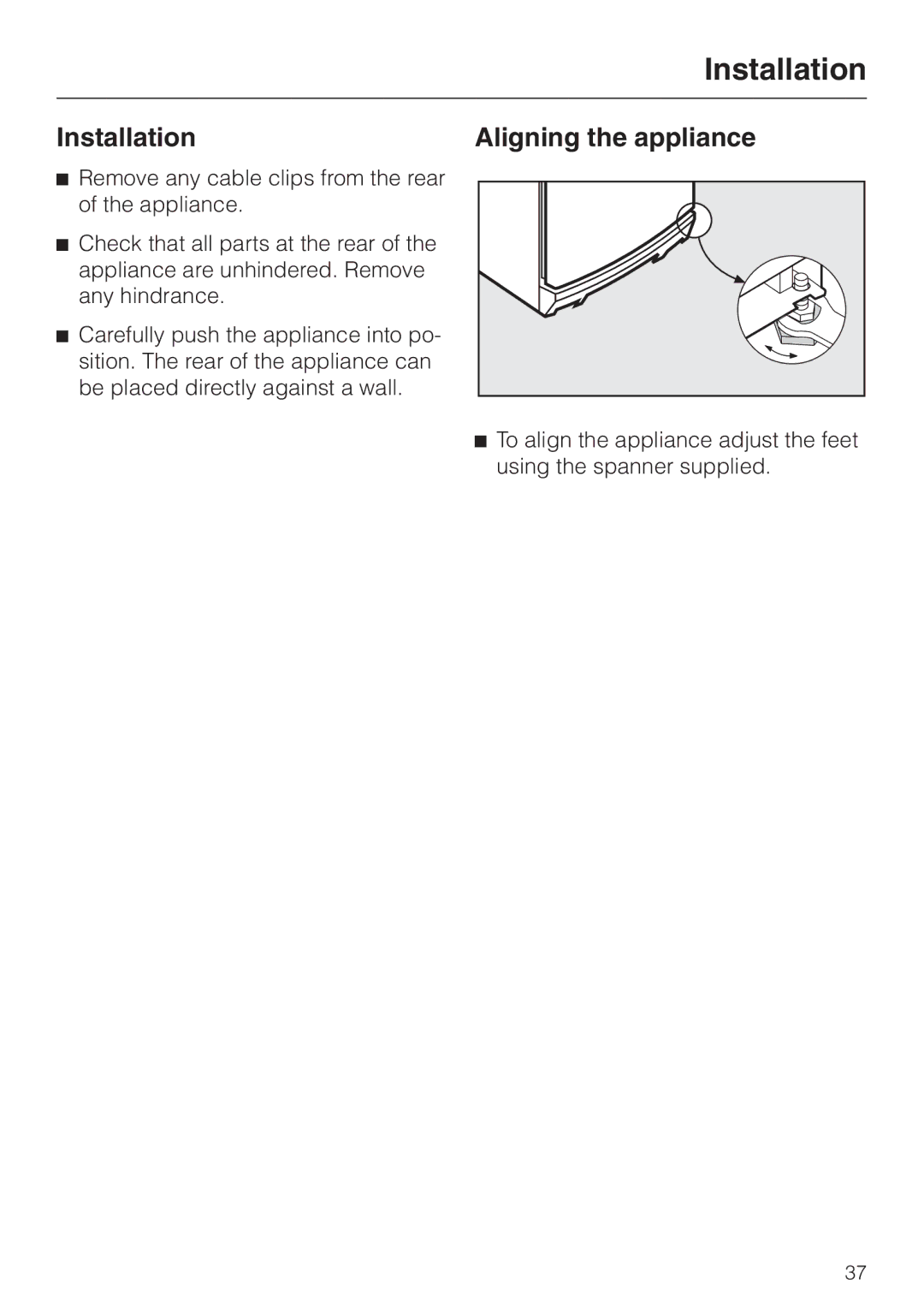 Miele KF 7544 installation instructions Installation Aligning the appliance 