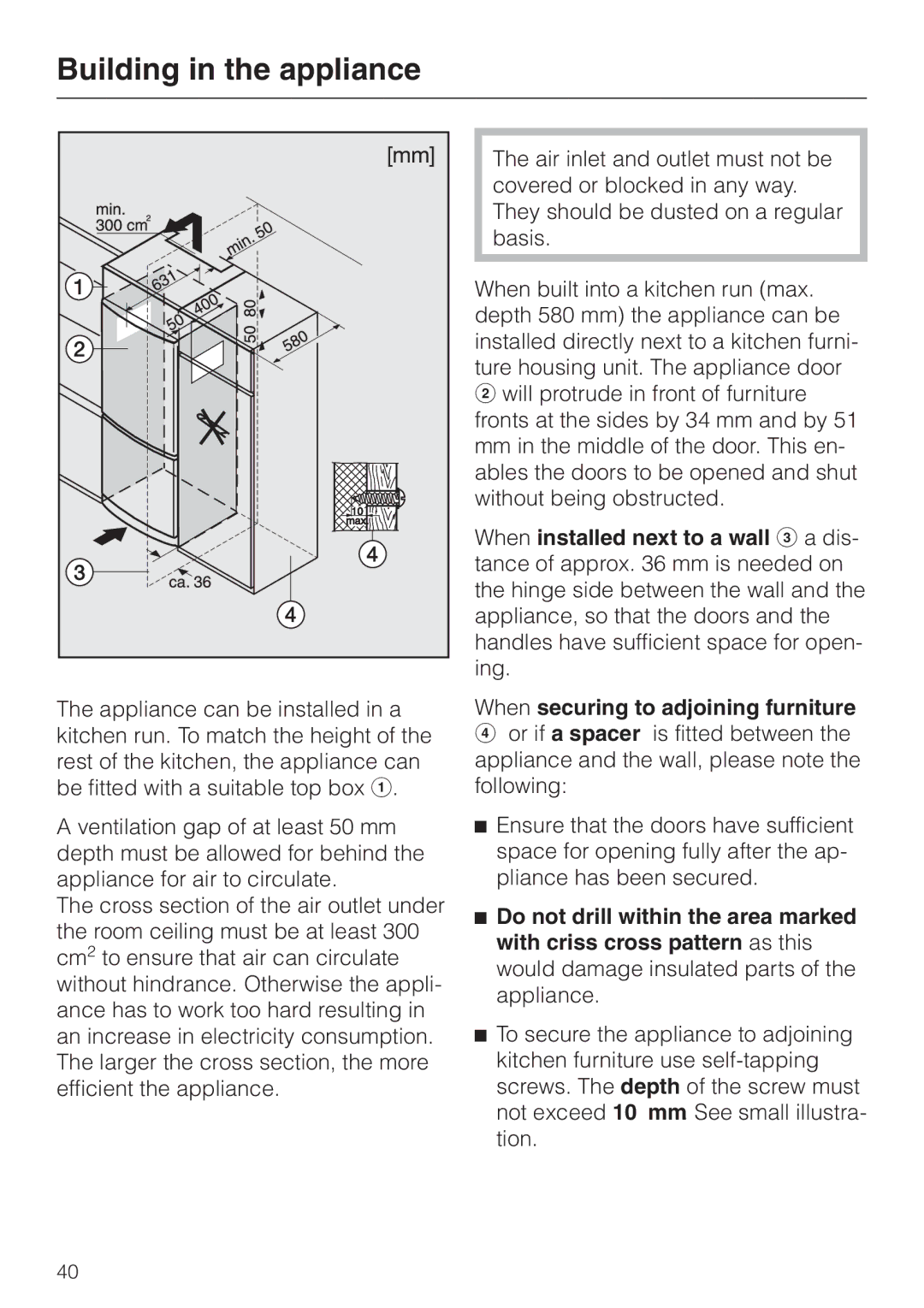 Miele KF 7544 installation instructions Building in the appliance 