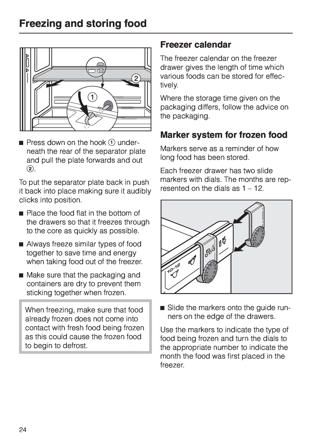 Miele KF 7544 installation instructions Freezer calendar, Marker system for frozen food, Freezing and storing food 
