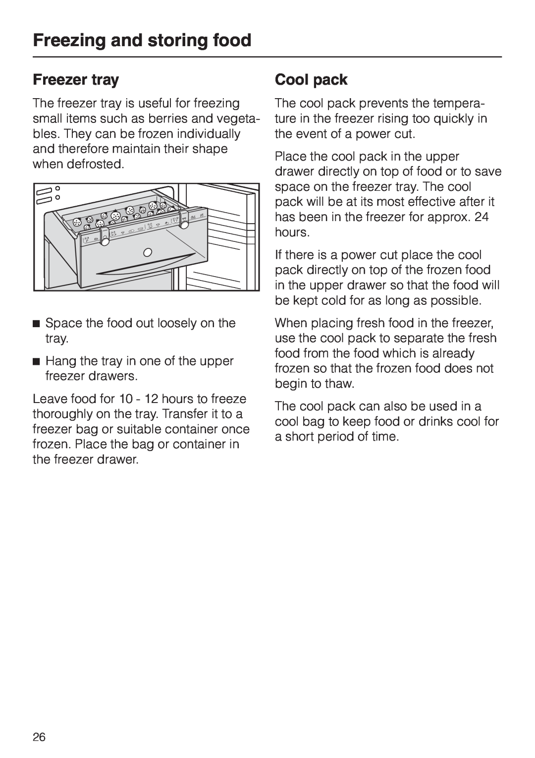 Miele KF 7544 installation instructions Freezer tray, Freezing and storing food, Cool pack 