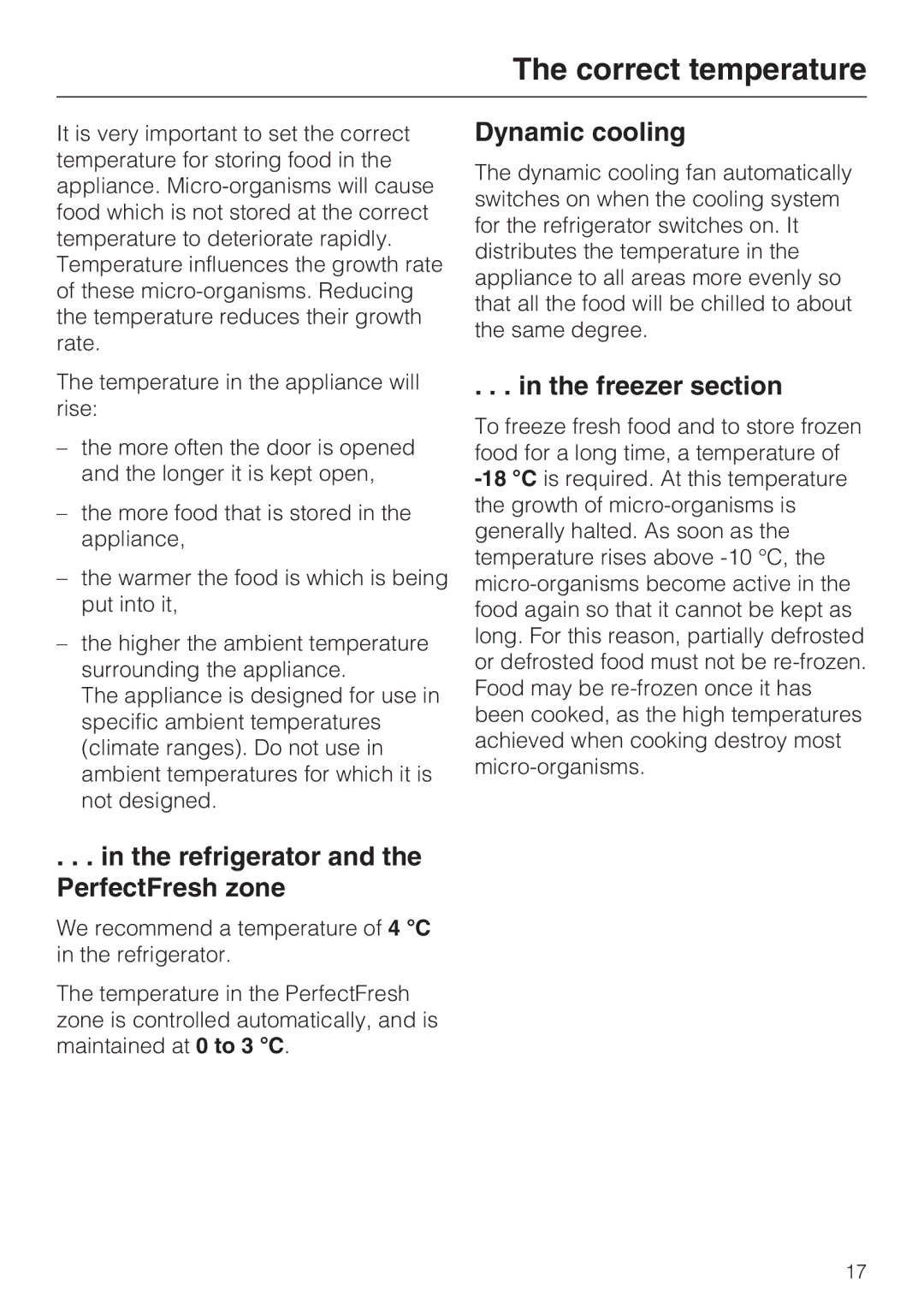 Miele KF 9757 ID Correct temperature, Refrigerator and the PerfectFresh zone, Dynamic cooling, Freezer section 