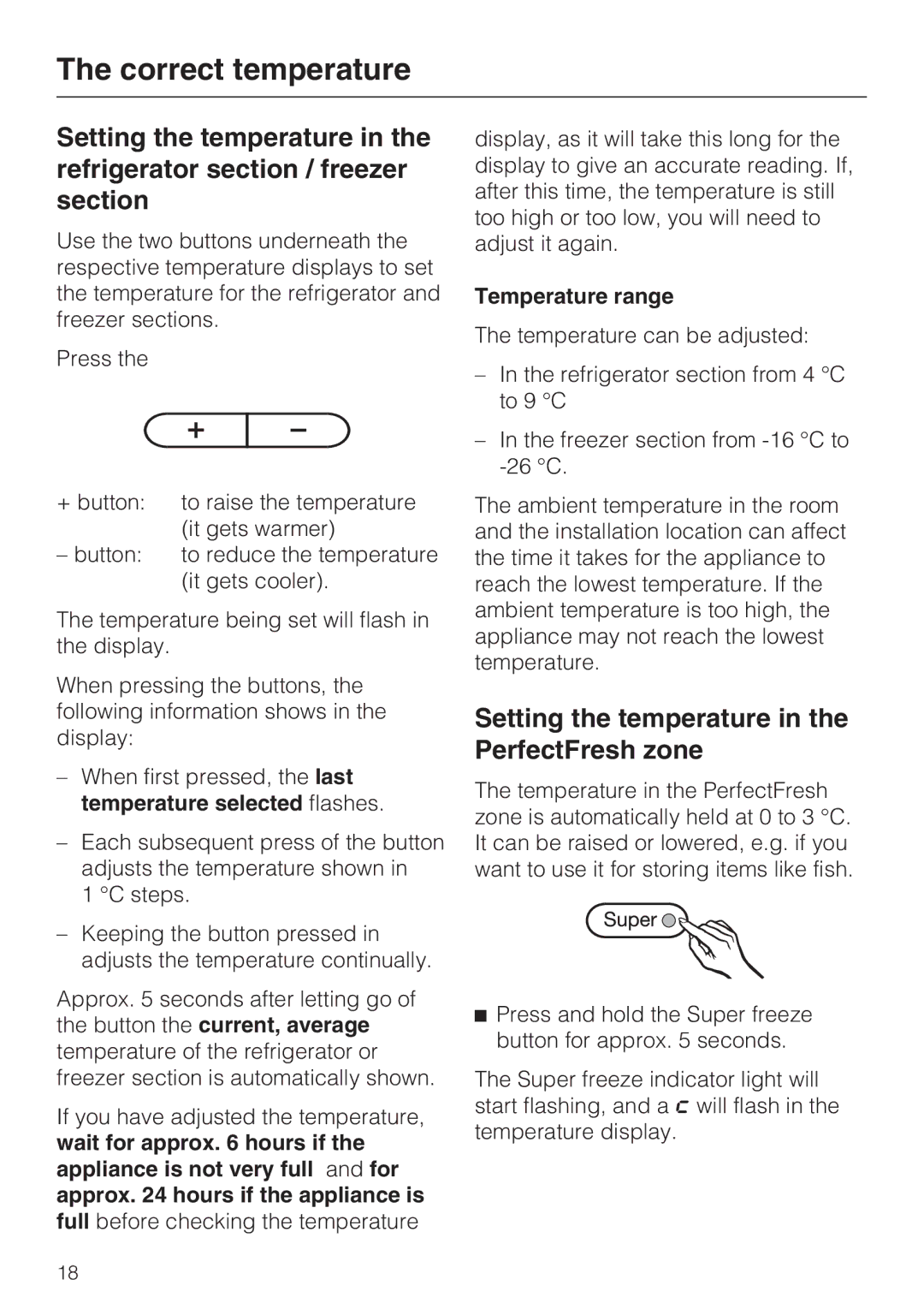 Miele KF 9757 ID installation instructions Setting the temperature in the PerfectFresh zone, Temperature range 