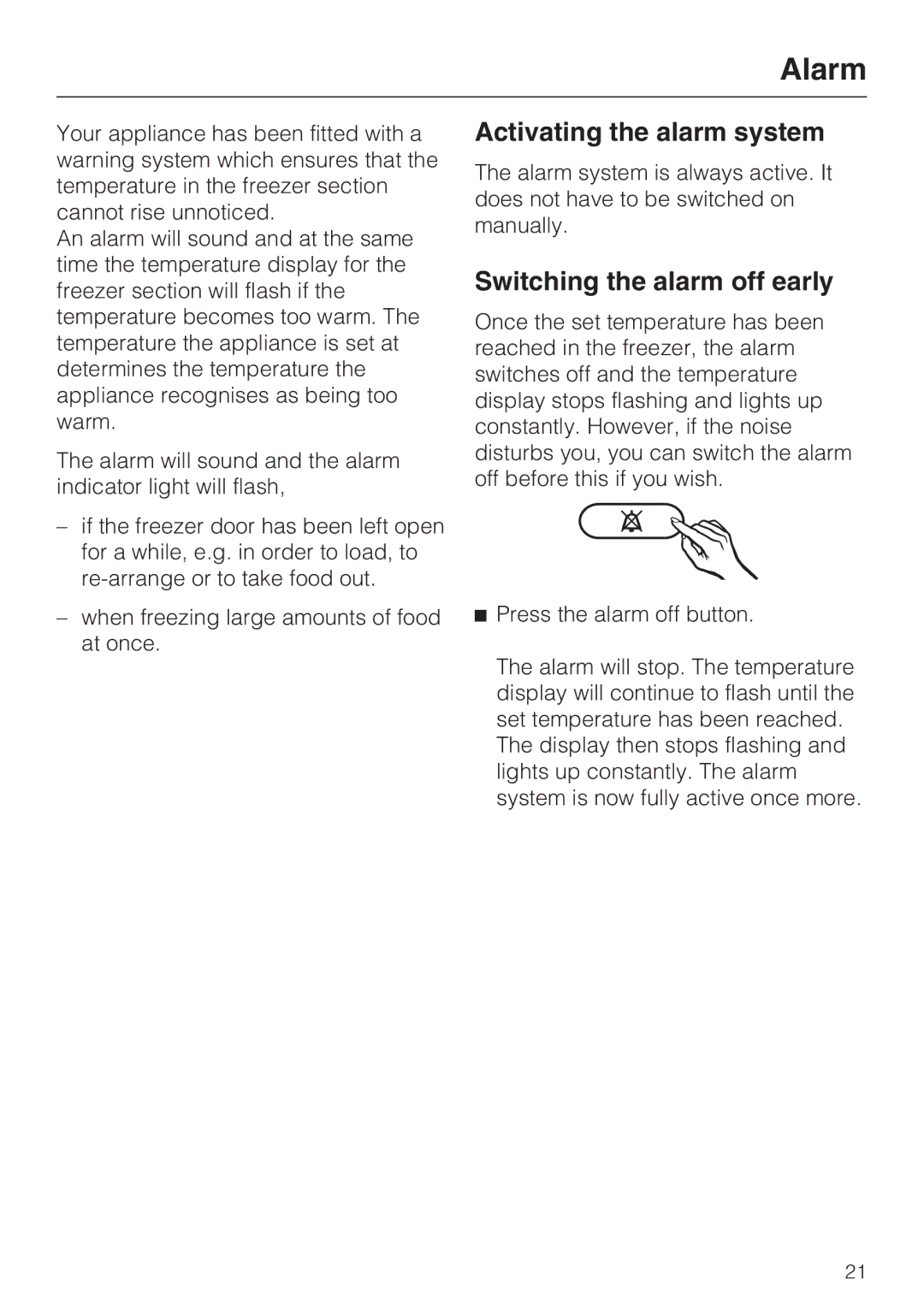 Miele KF 9757 ID installation instructions Alarm, Activating the alarm system, Switching the alarm off early 