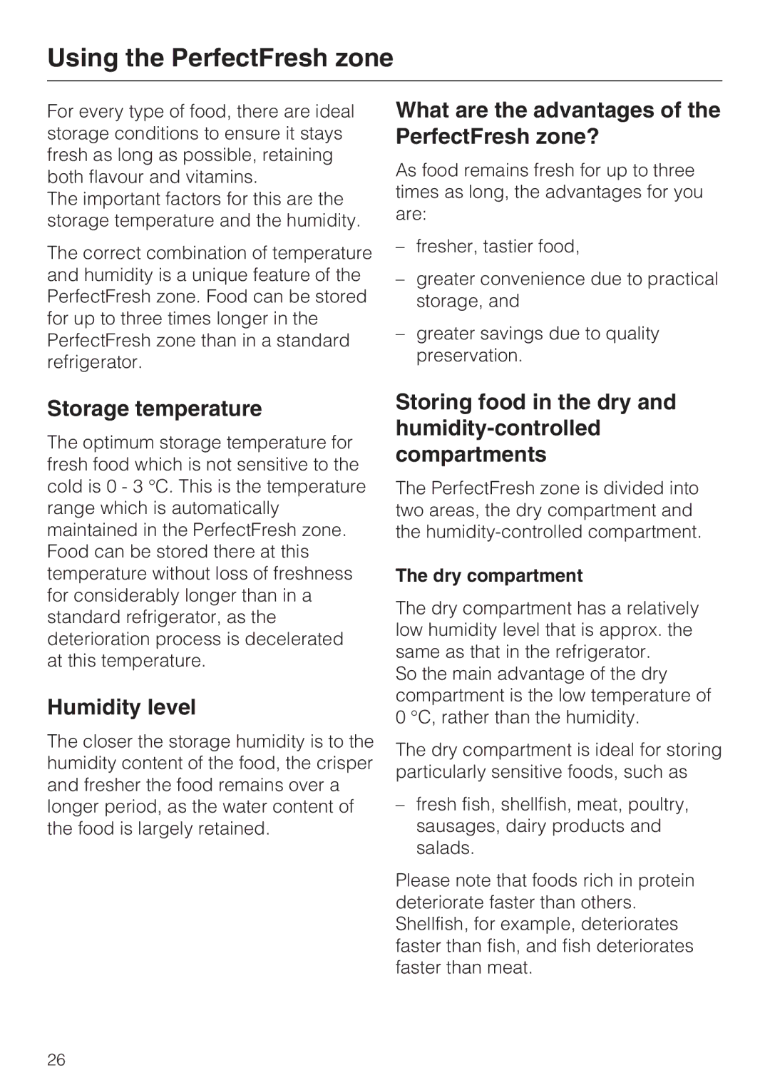 Miele KF 9757 ID Using the PerfectFresh zone, What are the advantages of the PerfectFresh zone?, Storage temperature 