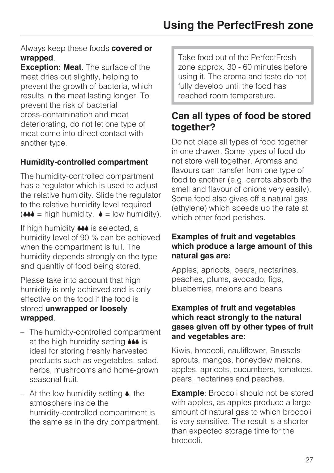 Miele KF 9757 ID installation instructions Can all types of food be stored together?, Humidity-controlled compartment 