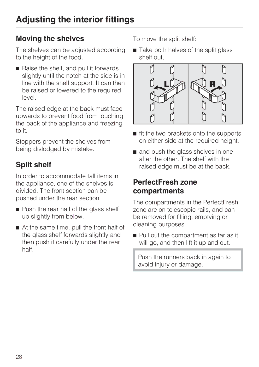 Miele KF 9757 ID Adjusting the interior fittings, Moving the shelves, Split shelf, PerfectFresh zone compartments 