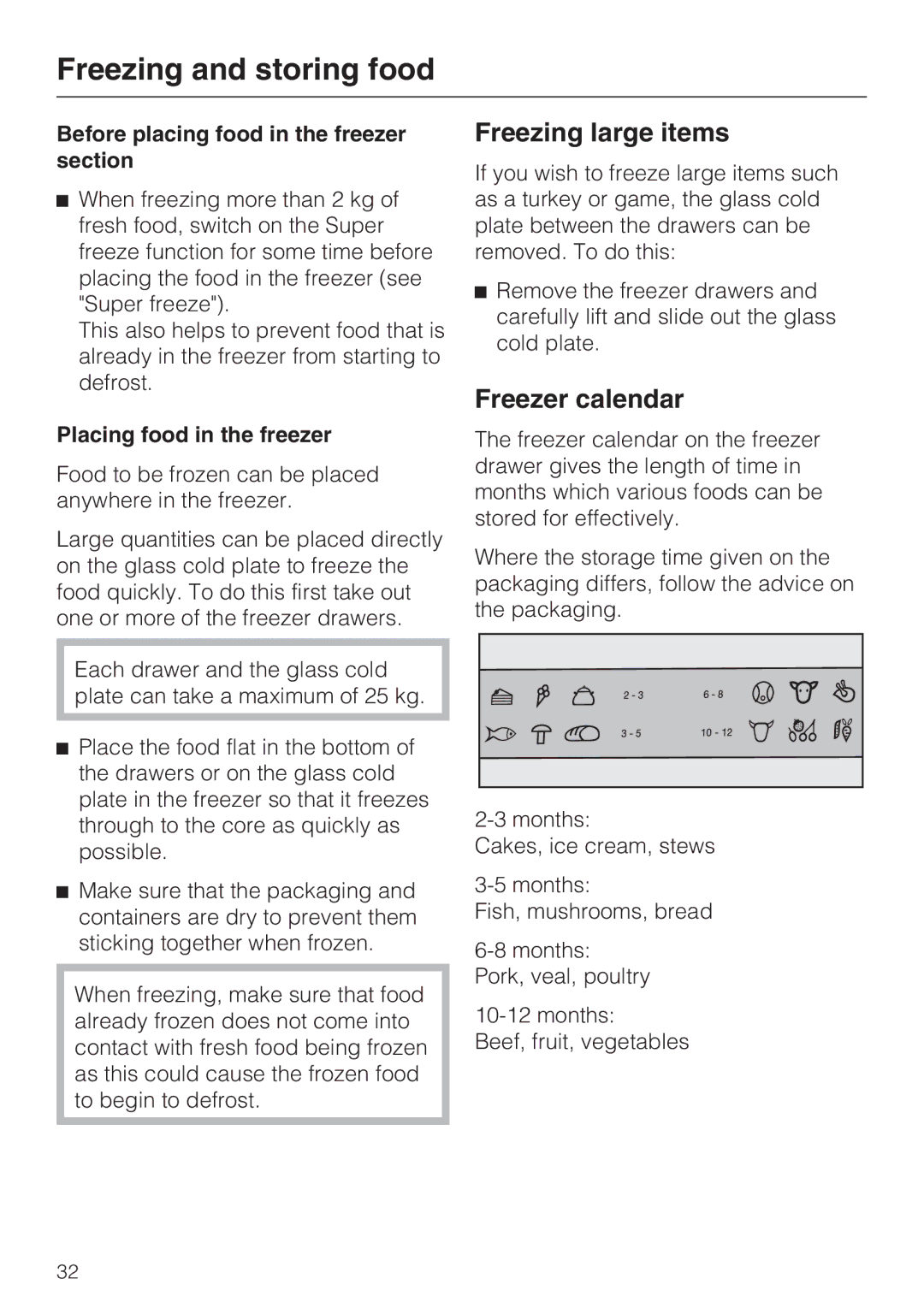 Miele KF 9757 ID Freezing large items, Freezer calendar, Before placing food in the freezer section 