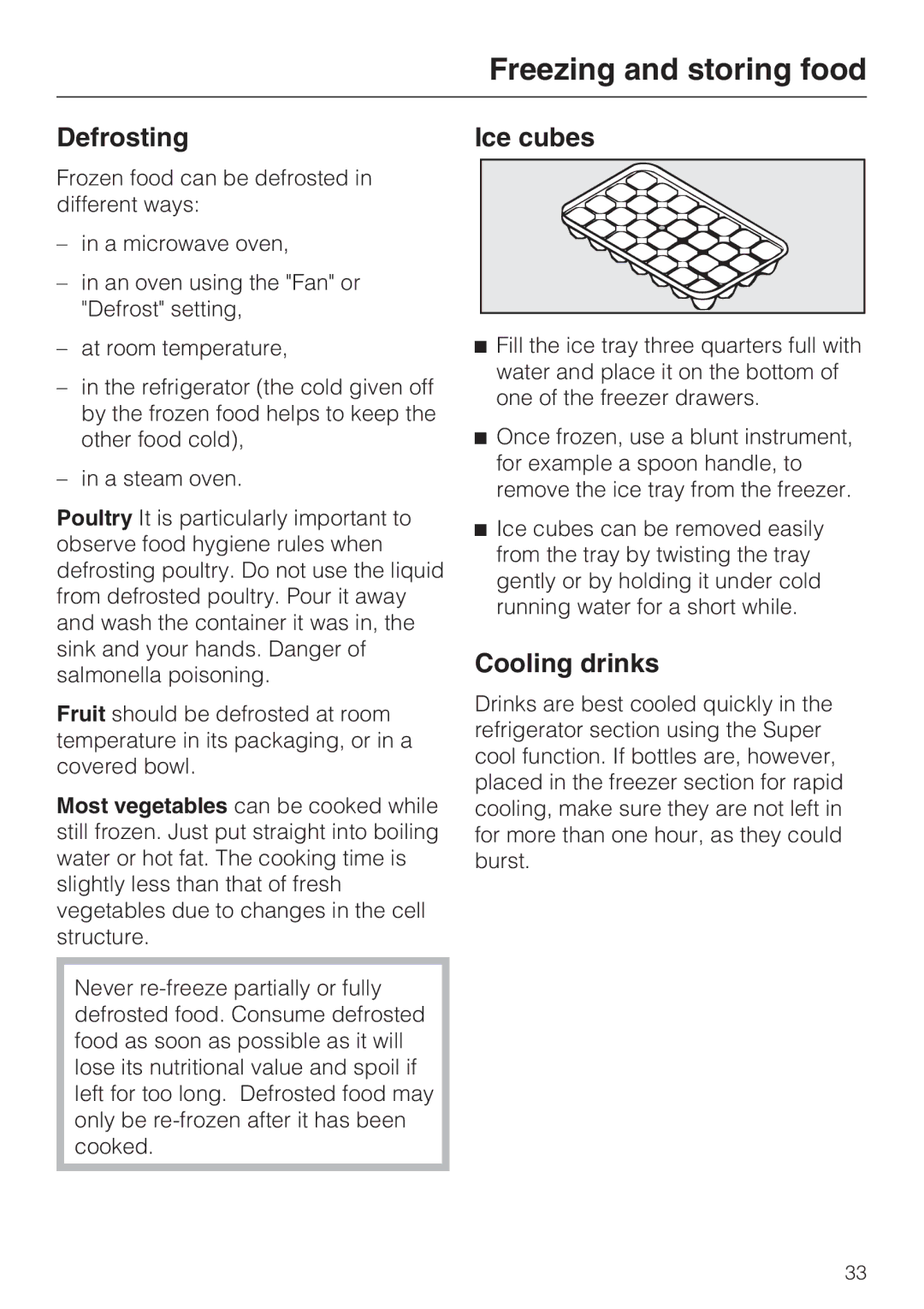 Miele KF 9757 ID installation instructions Defrosting, Ice cubes, Cooling drinks 