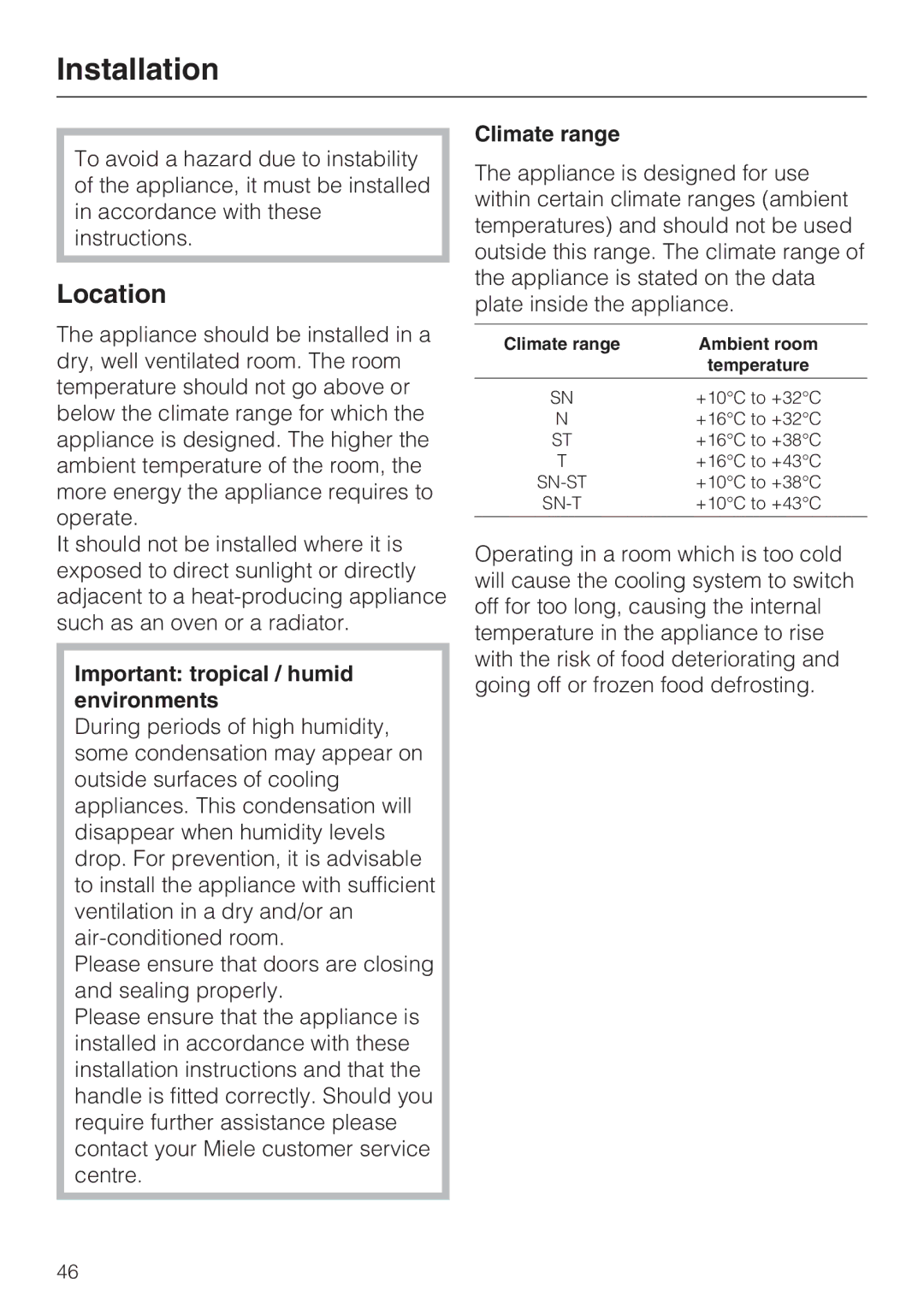 Miele KF 9757 ID installation instructions Installation, Location, Important tropical / humid environments, Climate range 