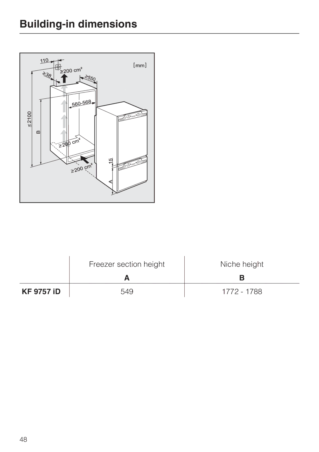 Miele KF 9757 ID installation instructions Building-in dimensions, KF 9757 iD 