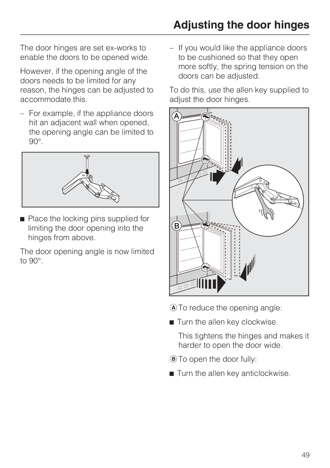 Miele KF 9757 ID installation instructions Adjusting the door hinges 