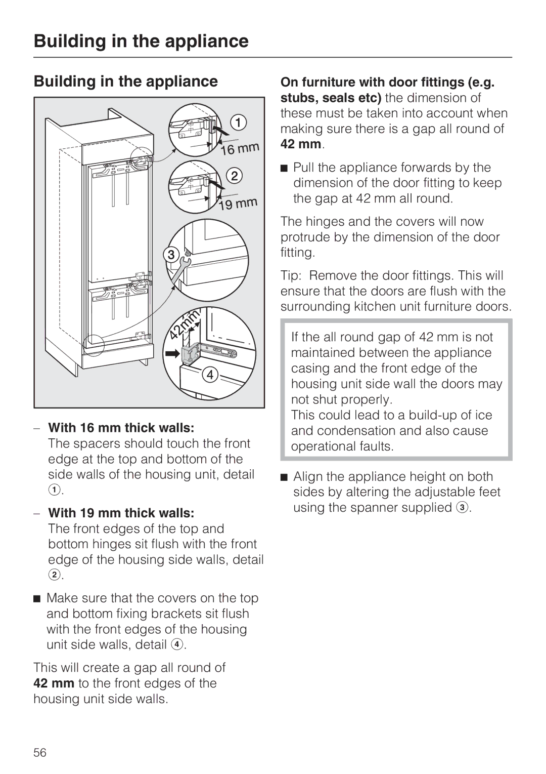 Miele KF 9757 ID installation instructions Building in the appliance, With 16 mm thick walls, With 19 mm thick walls 