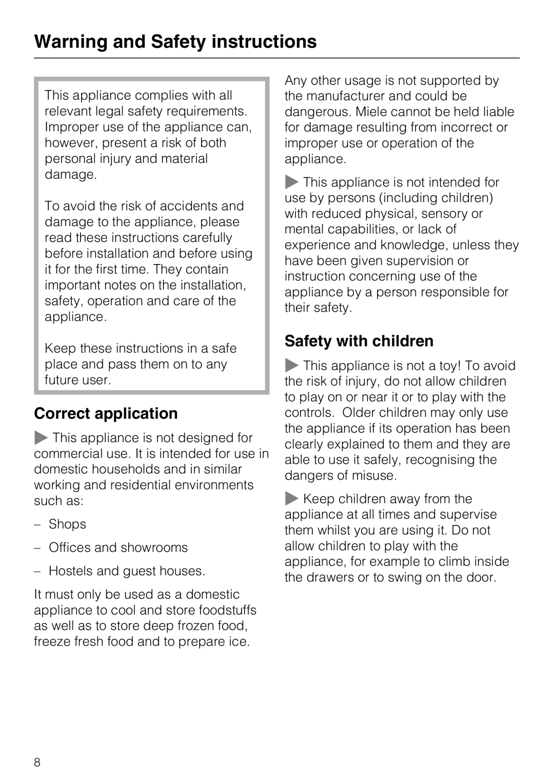 Miele KF 9757 ID installation instructions Correct application, Safety with children 