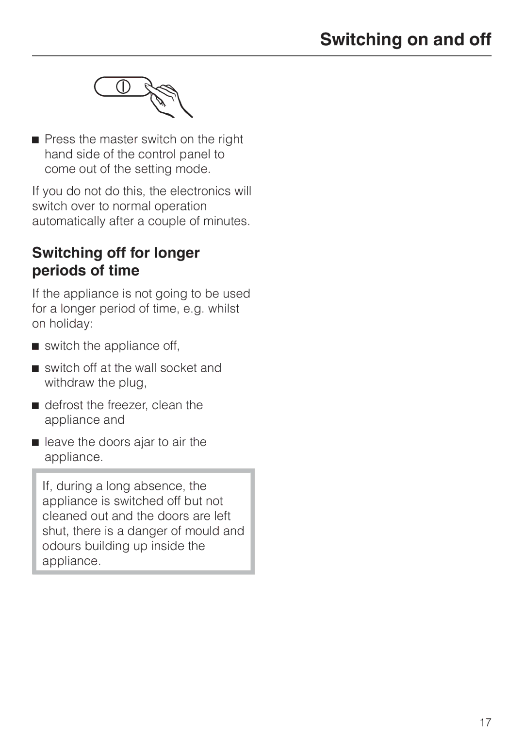 Miele KF 9757 ID installation instructions Switching off for longer periods of time 