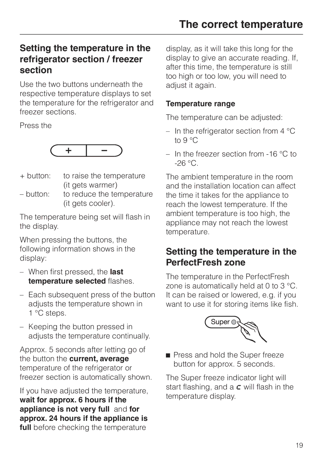 Miele KF 9757 ID installation instructions Setting the temperature in the PerfectFresh zone, Temperature range 