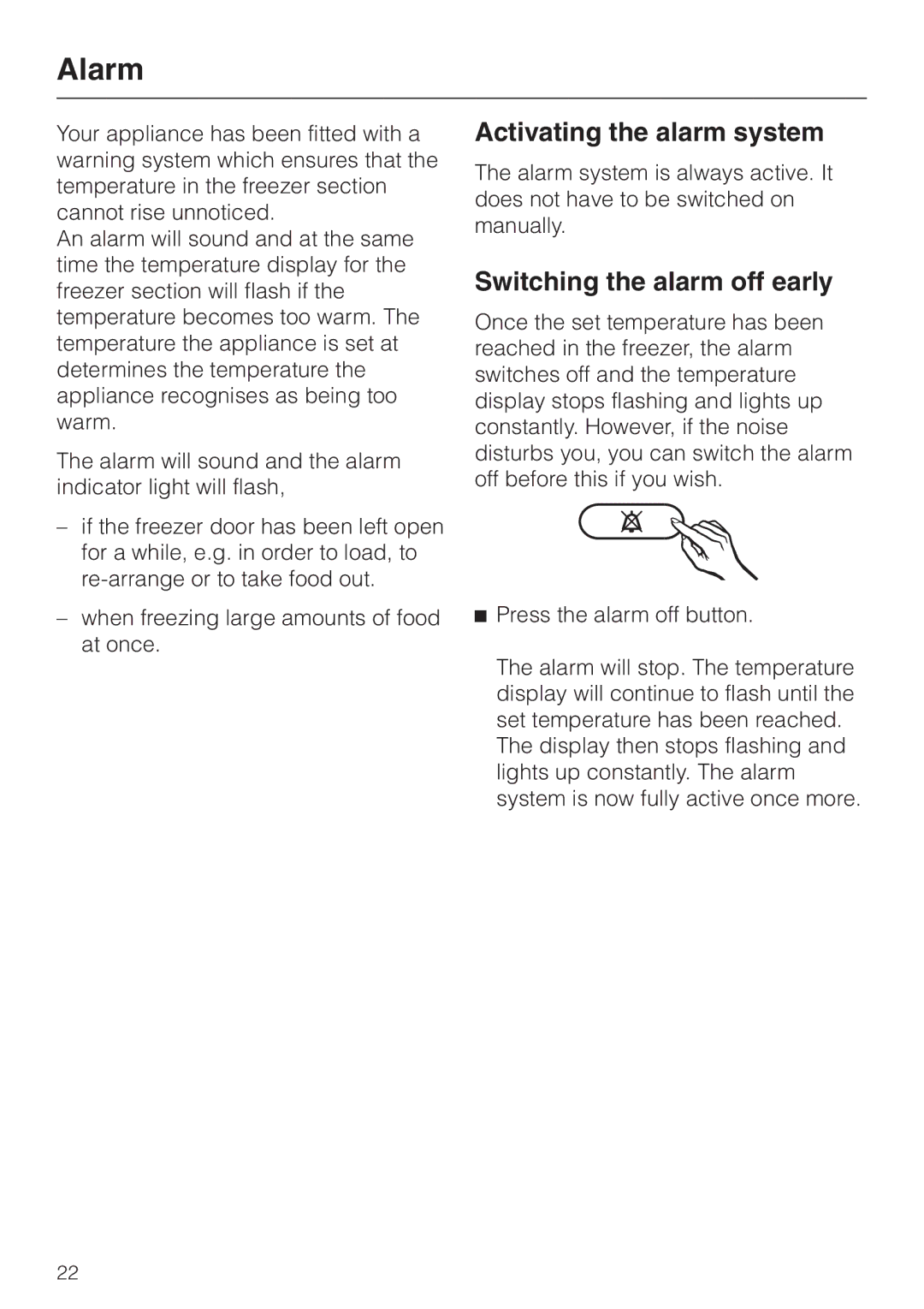 Miele KF 9757 ID installation instructions Alarm, Activating the alarm system, Switching the alarm off early 