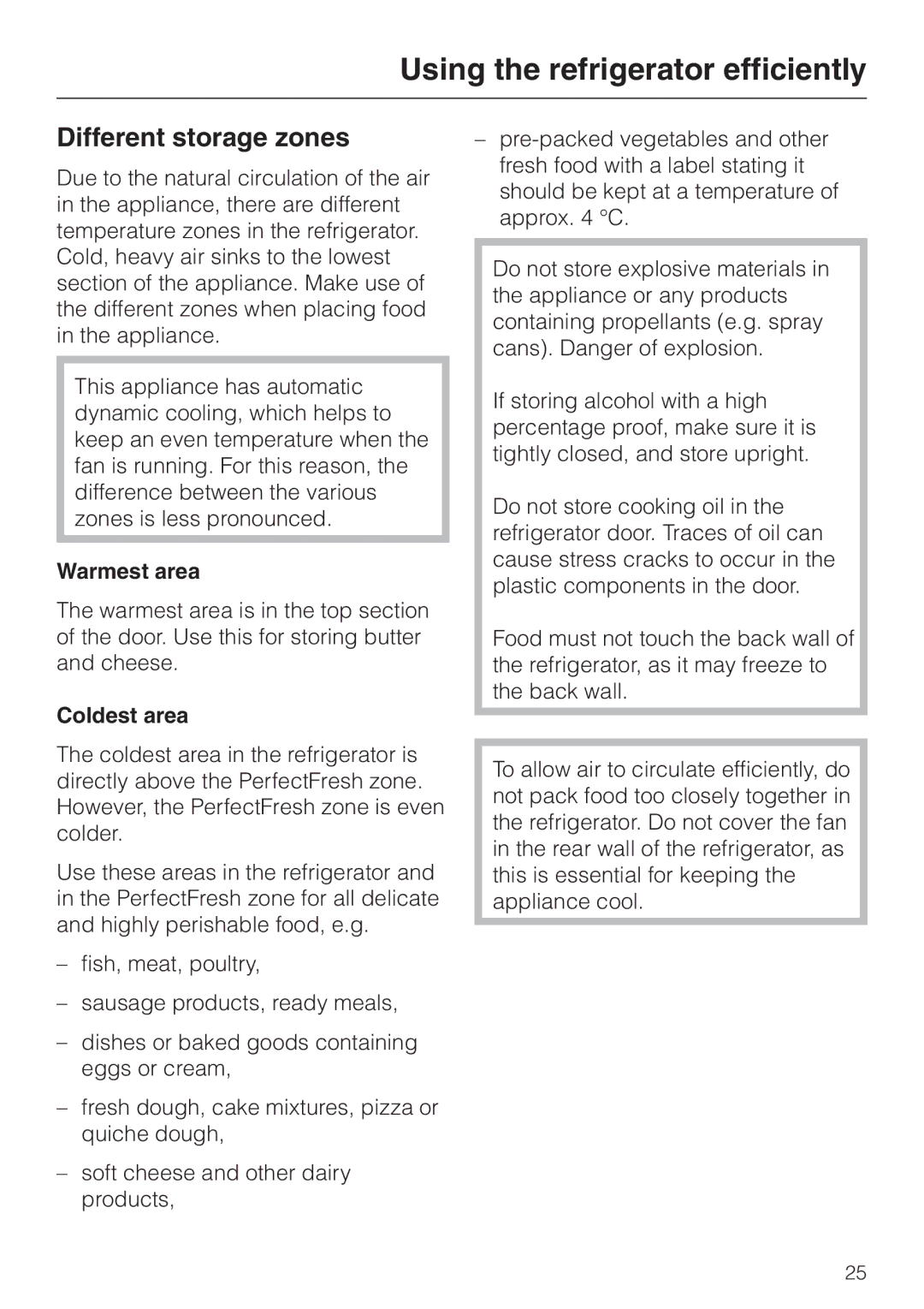 Miele KF 9757 ID Using the refrigerator efficiently, Different storage zones, Warmest area, Coldest area 