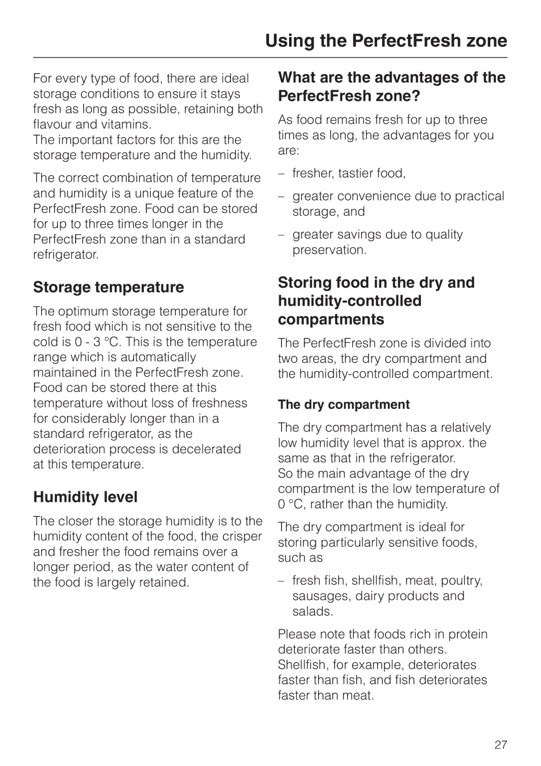 Miele KF 9757 ID Using the PerfectFresh zone, What are the advantages of the PerfectFresh zone?, Storage temperature 