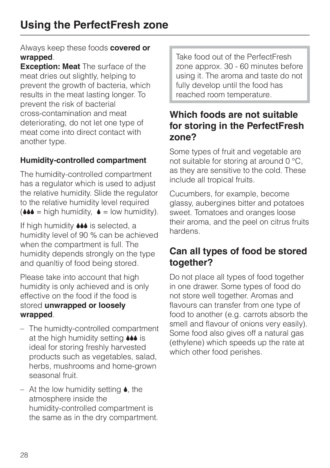 Miele KF 9757 ID installation instructions Can all types of food be stored together?, Humidity-controlled compartment 