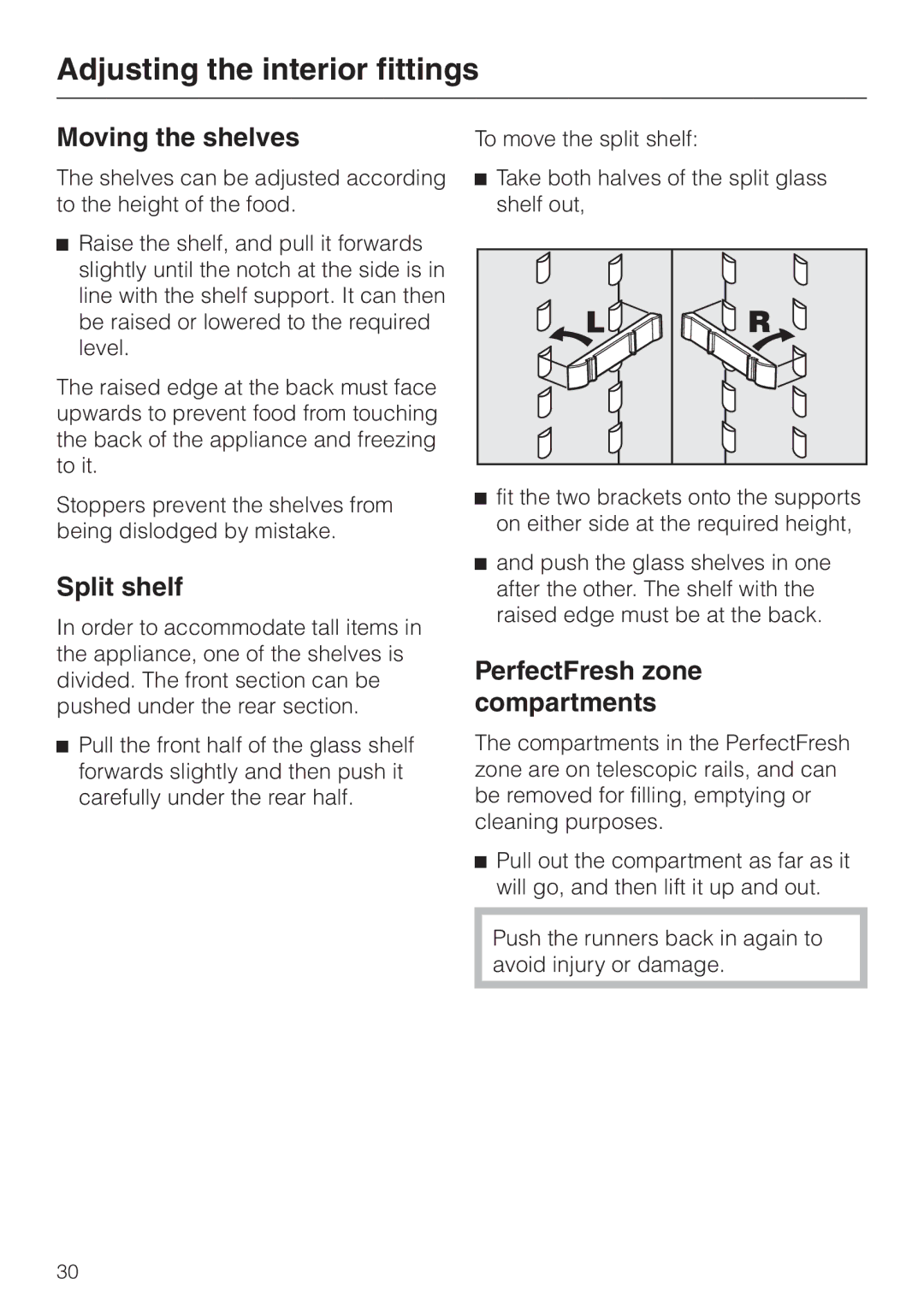 Miele KF 9757 ID Adjusting the interior fittings, Moving the shelves, Split shelf, PerfectFresh zone compartments 