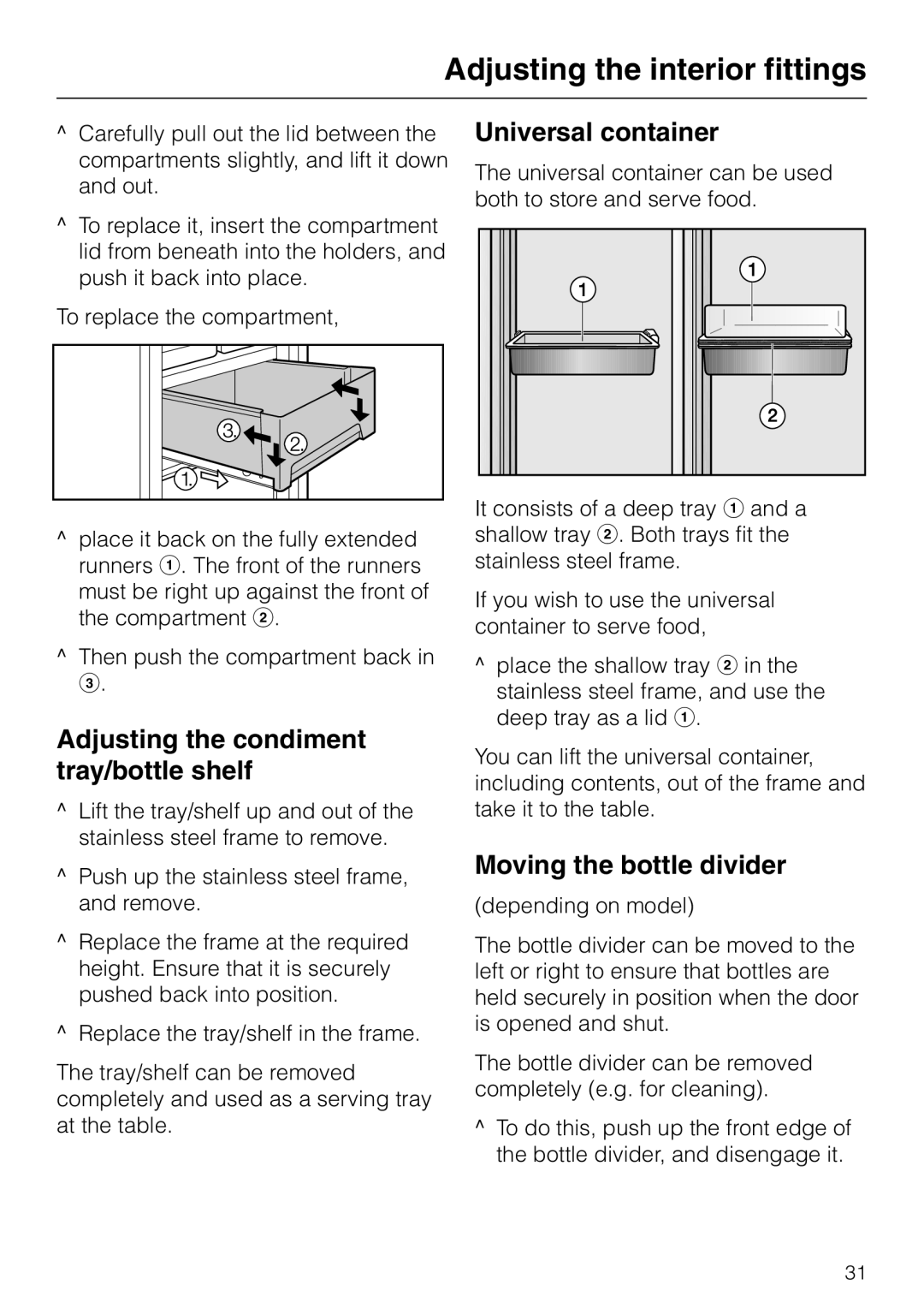 Miele KF 9757 ID Adjusting the condiment tray/bottle shelf, Universal container, Moving the bottle divider 