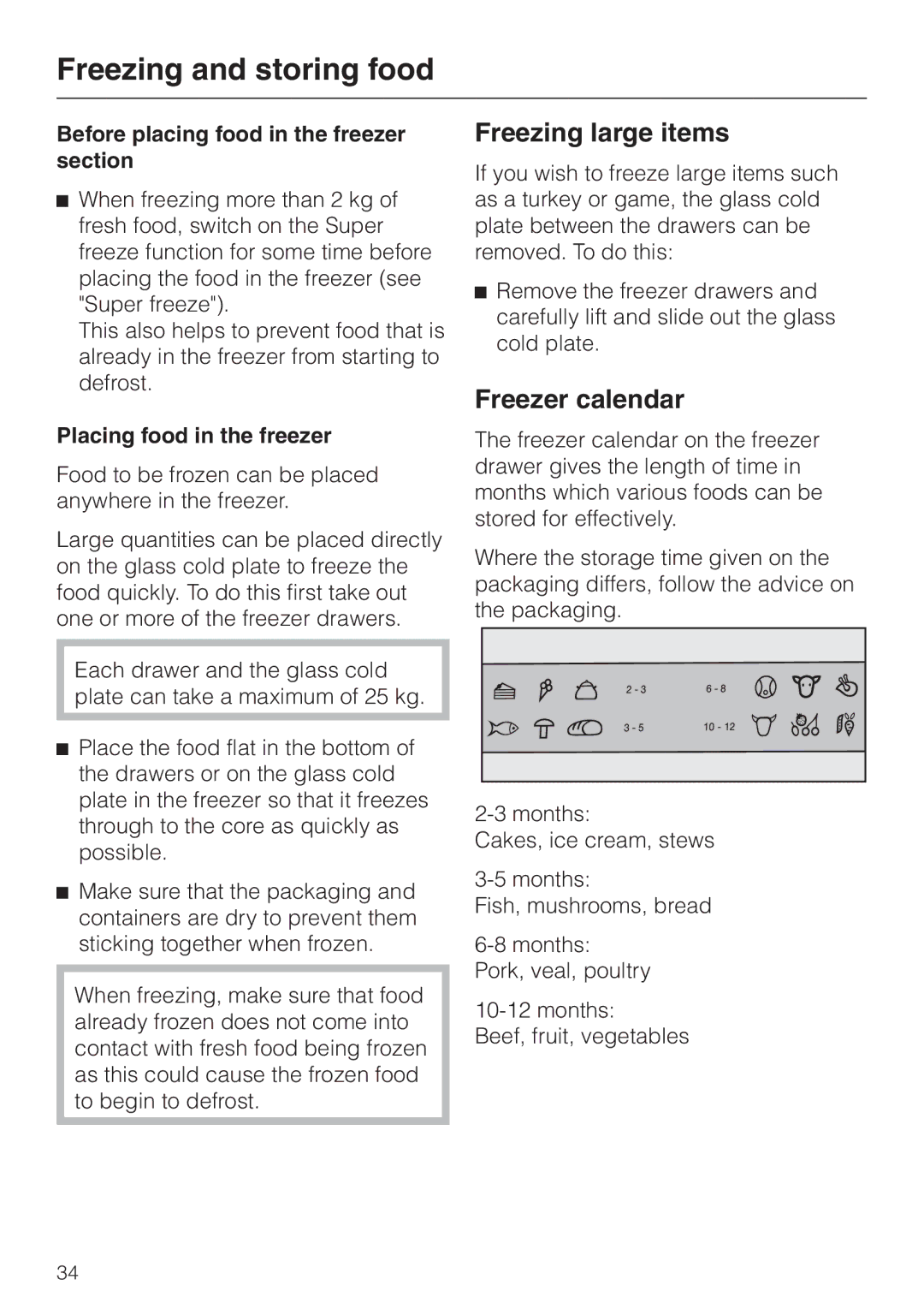 Miele KF 9757 ID Freezing large items, Freezer calendar, Before placing food in the freezer section 