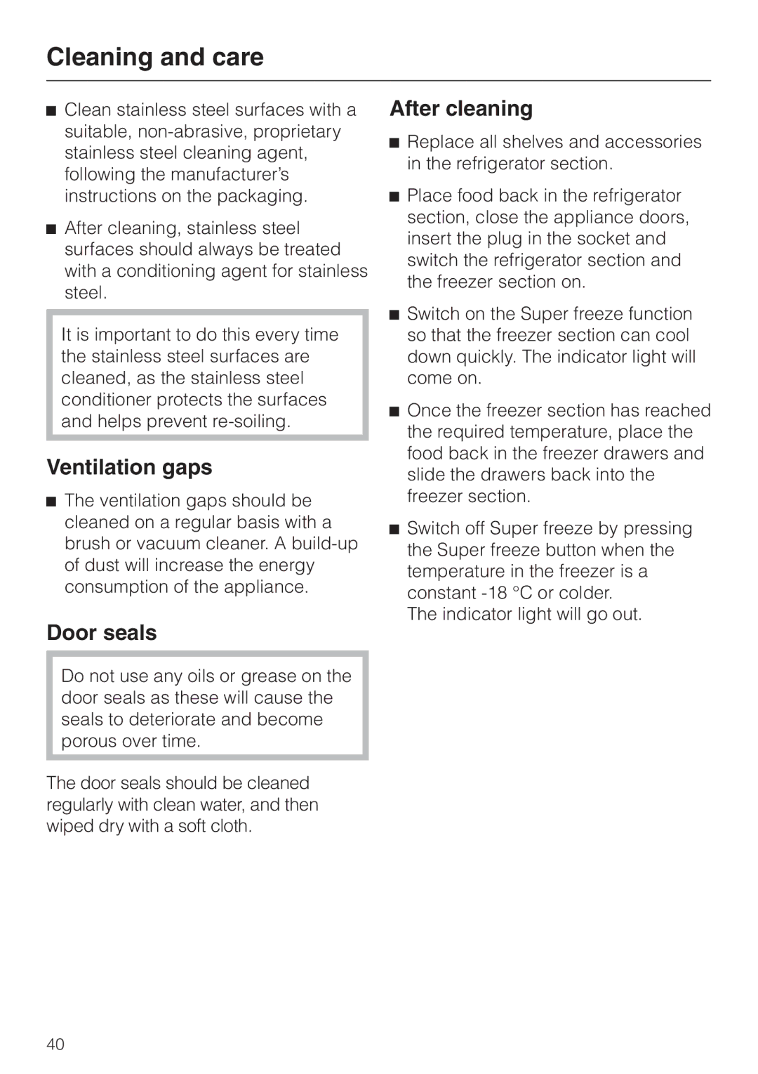 Miele KF 9757 ID installation instructions Ventilation gaps, Door seals, After cleaning 