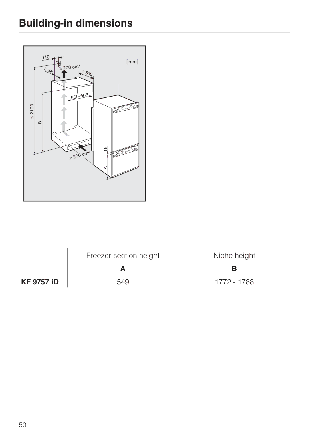 Miele KF 9757 ID installation instructions Building-in dimensions, KF 9757 iD 