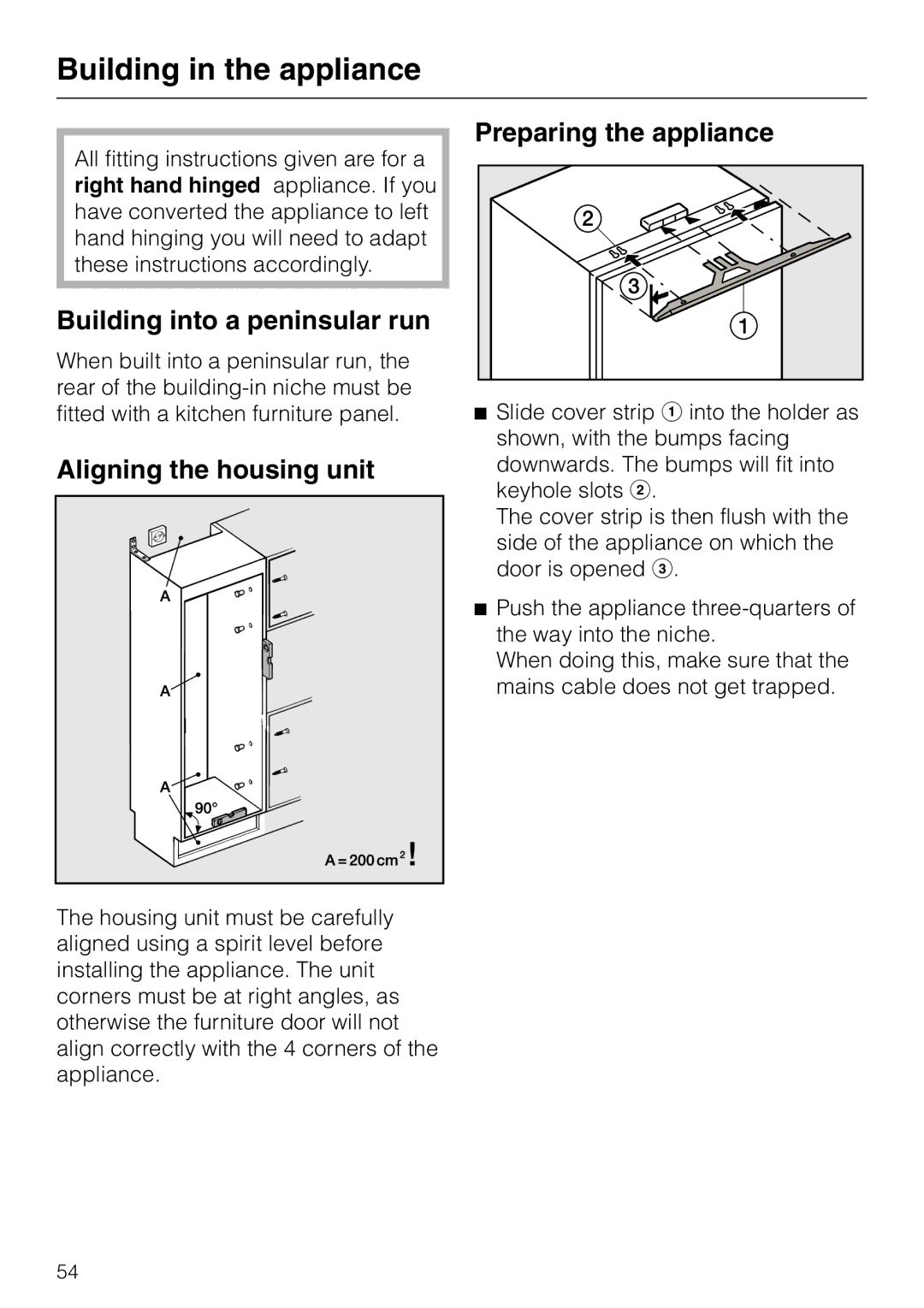 Miele KF 9757 ID Building in the appliance, Building into a peninsular run, Aligning the housing unit 