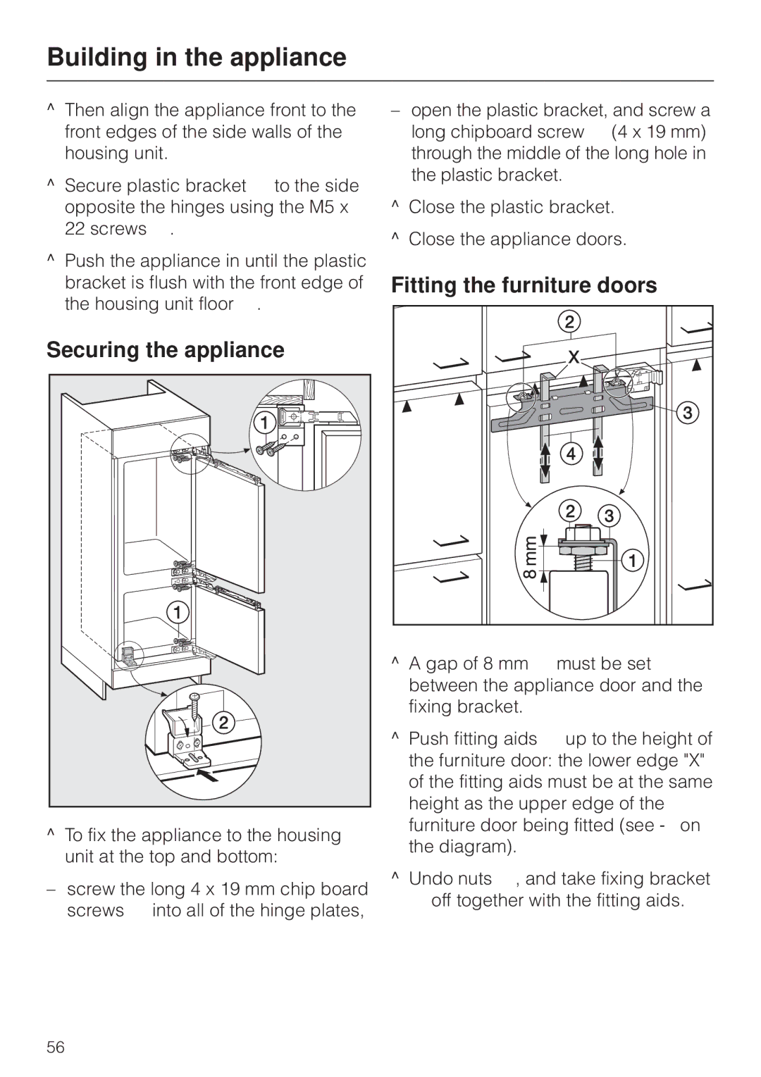 Miele KF 9757 ID installation instructions Securing the appliance, Fitting the furniture doors 