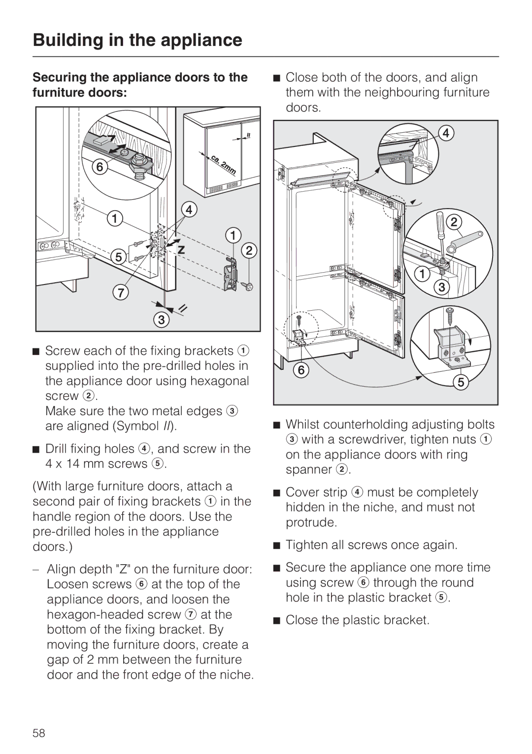 Miele KF 9757 ID installation instructions Securing the appliance doors to the furniture doors 