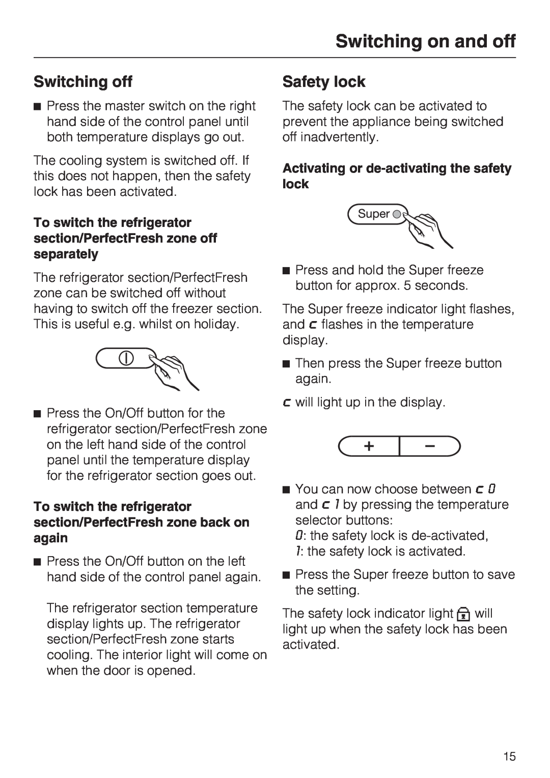Miele KF 9757 ID installation instructions Switching off, Safety lock, Switching on and off 