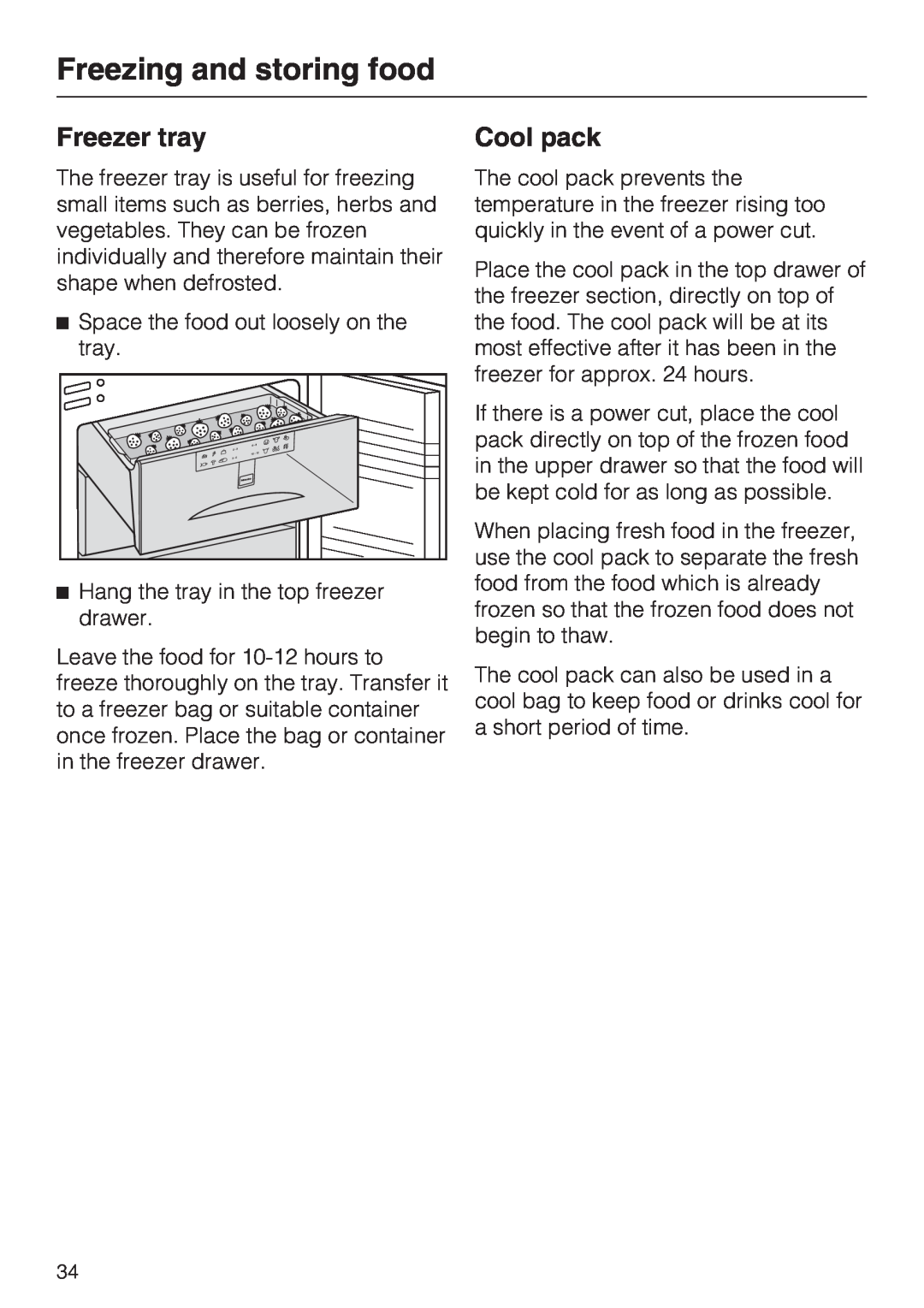 Miele KF 9757 ID installation instructions Freezer tray, Freezing and storing food, Cool pack 