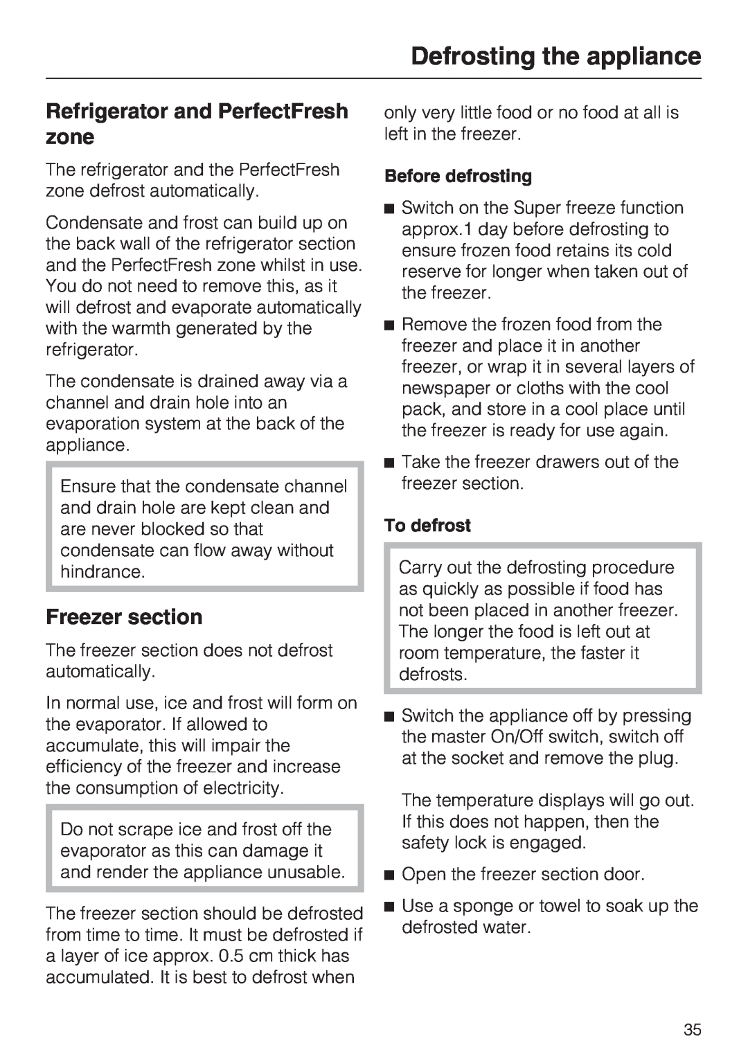 Miele KF 9757 ID installation instructions Defrosting the appliance, Refrigerator and PerfectFresh zone, Freezer section 