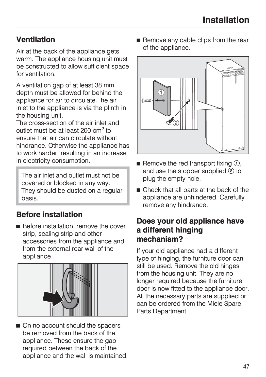 Miele KF 9757 ID installation instructions Ventilation, Before installation, Installation 