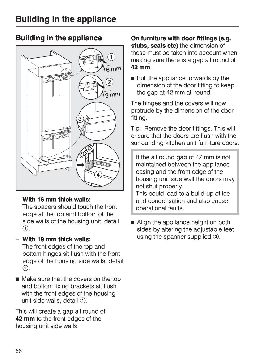 Miele KF 9757 ID installation instructions Building in the appliance, With 16 mm thick walls, With 19 mm thick walls 