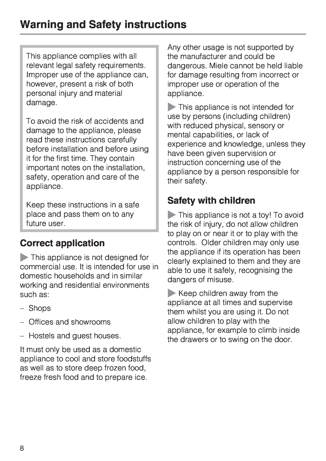 Miele KF 9757 ID installation instructions Warning and Safety instructions, Correct application, Safety with children 