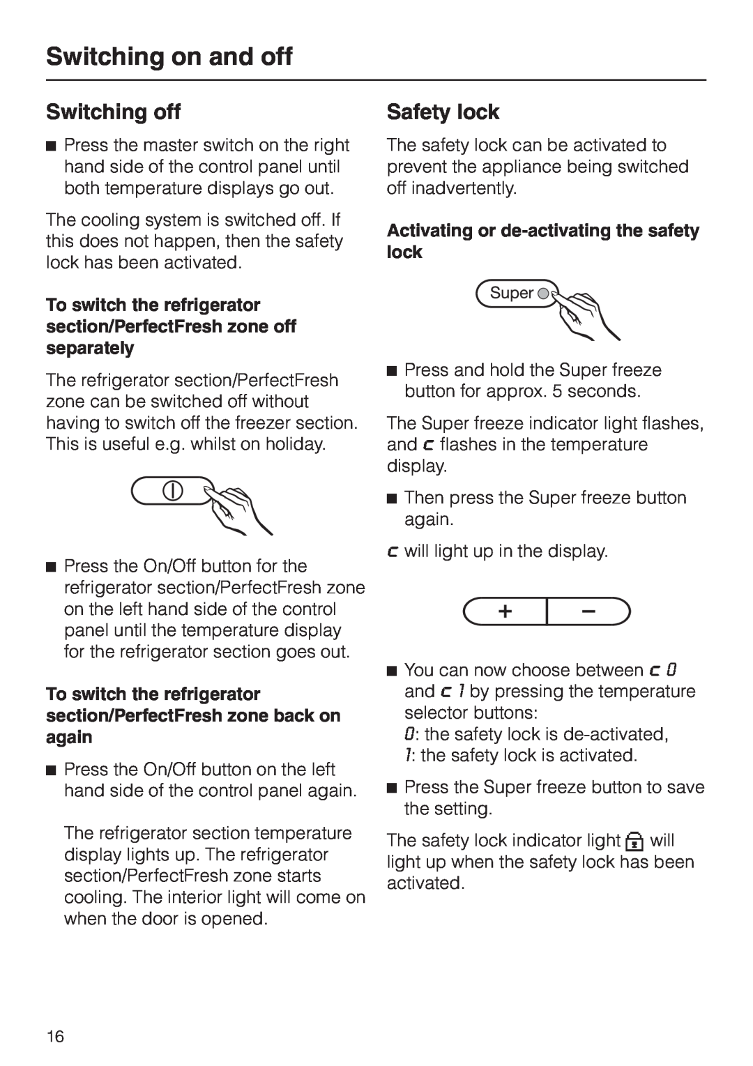 Miele KF 9757 ID installation instructions Switching off, Safety lock, Switching on and off 