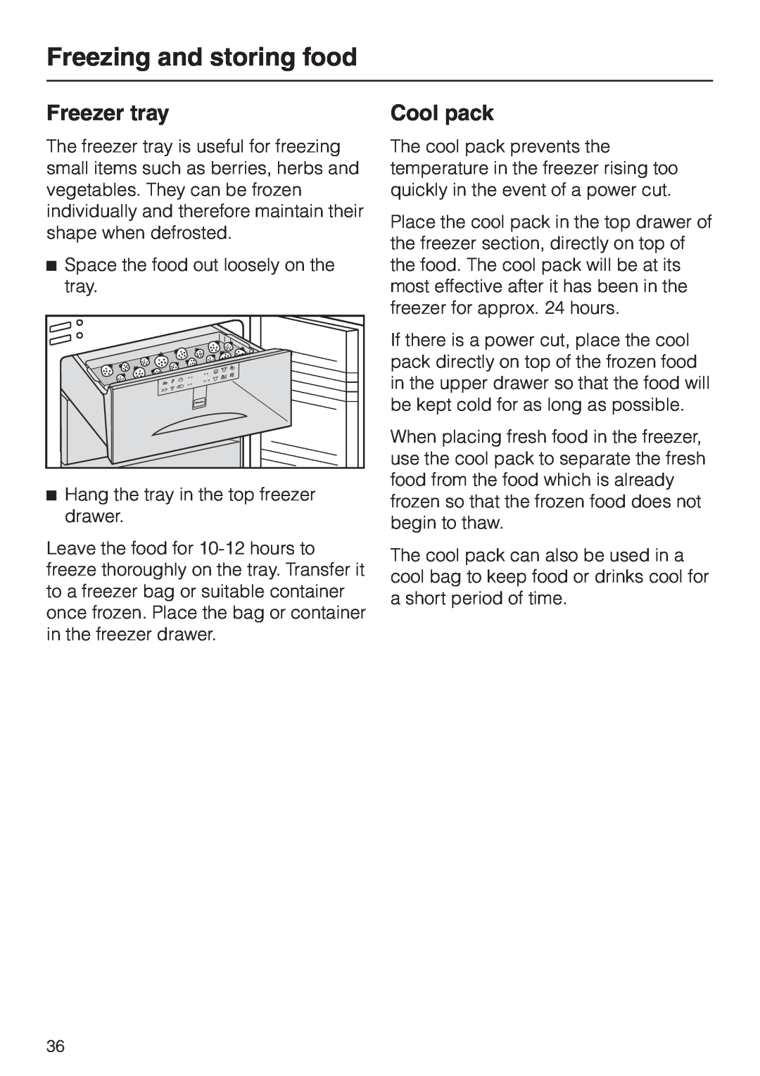 Miele KF 9757 ID installation instructions Freezer tray, Freezing and storing food, Cool pack 
