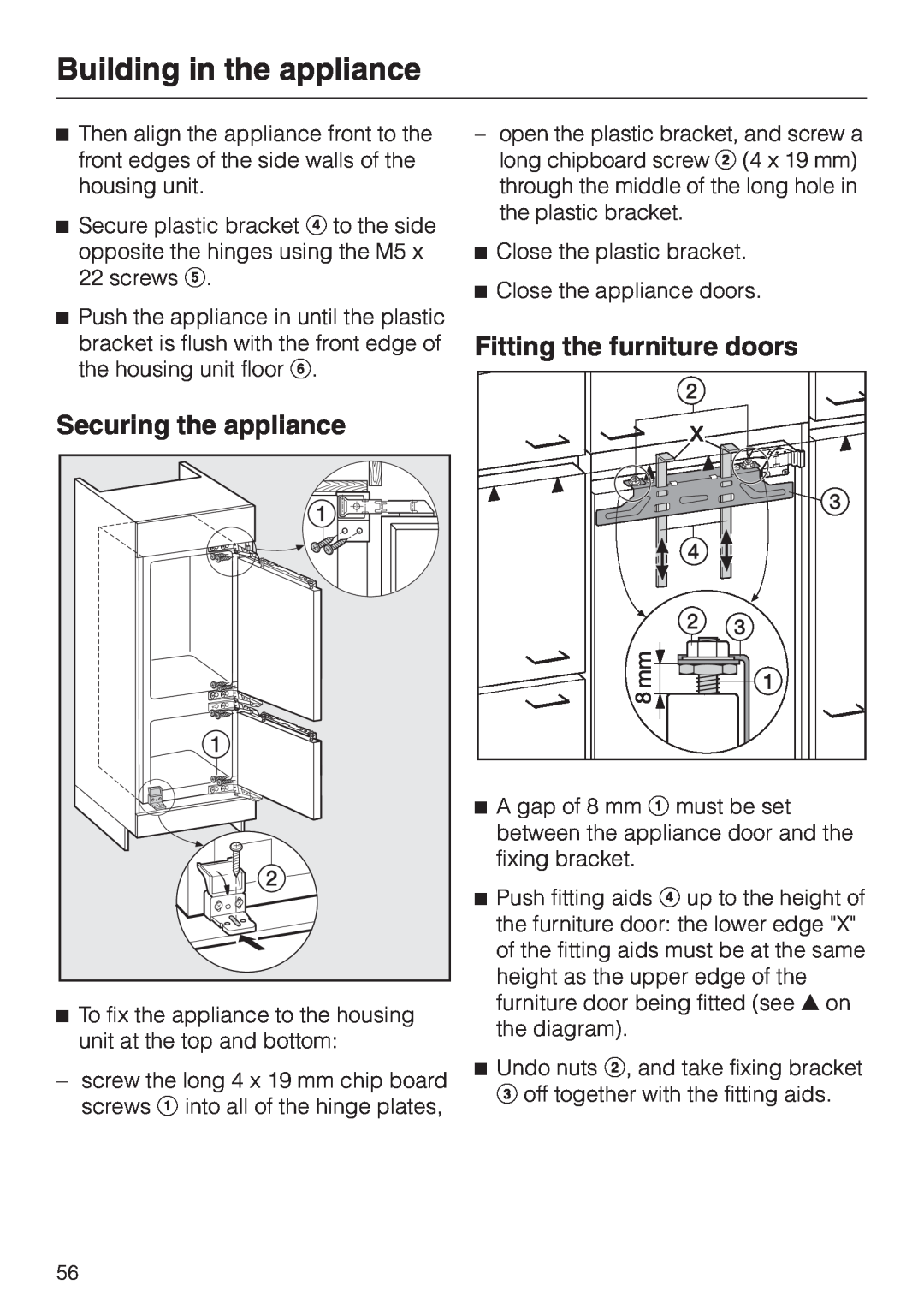 Miele KF 9757 ID installation instructions Securing the appliance, Fitting the furniture doors, Building in the appliance 