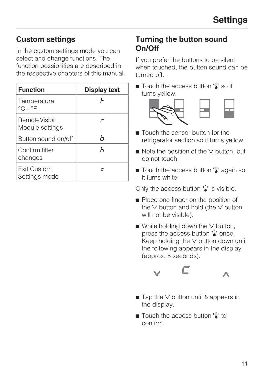 Miele KF1911SF, KF1811SF, KF1901SF, KF1801SF Custom settings, Turning the button sound On/Off, Function Display text 