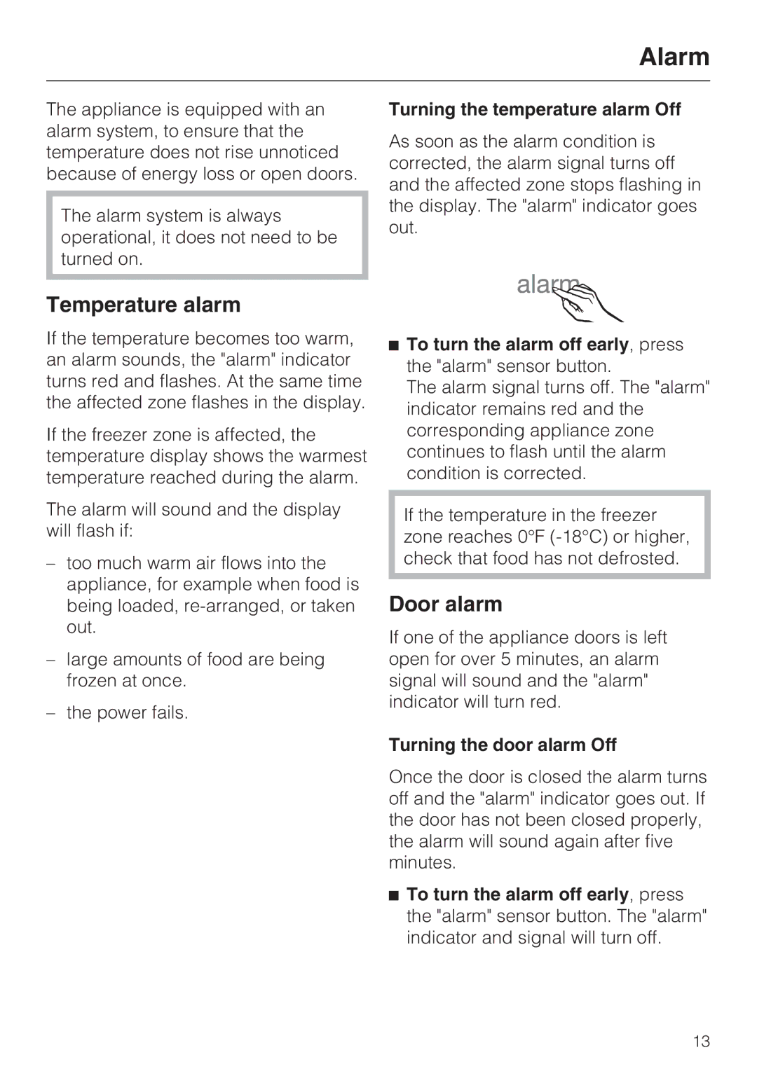 Miele KF1901SF, KF1811SF, KF1801SF, KF1911SF installation instructions Alarm, Temperature alarm, Door alarm 