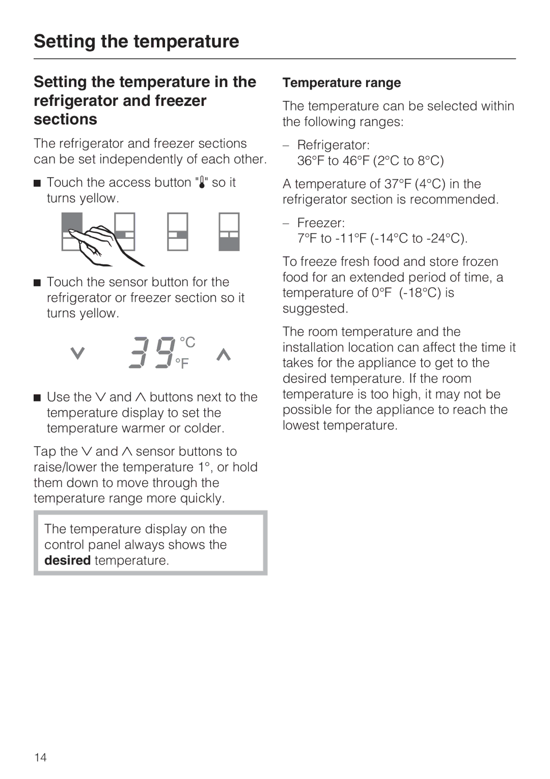 Miele KF1801SF, KF1811SF, KF1901SF, KF1911SF installation instructions Setting the temperature, Temperature range 