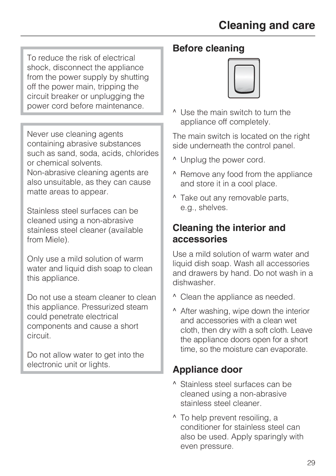 Miele KF1901SF, KF1811SF Cleaning and care, Before cleaning, Cleaning the interior and accessories, Appliance door 