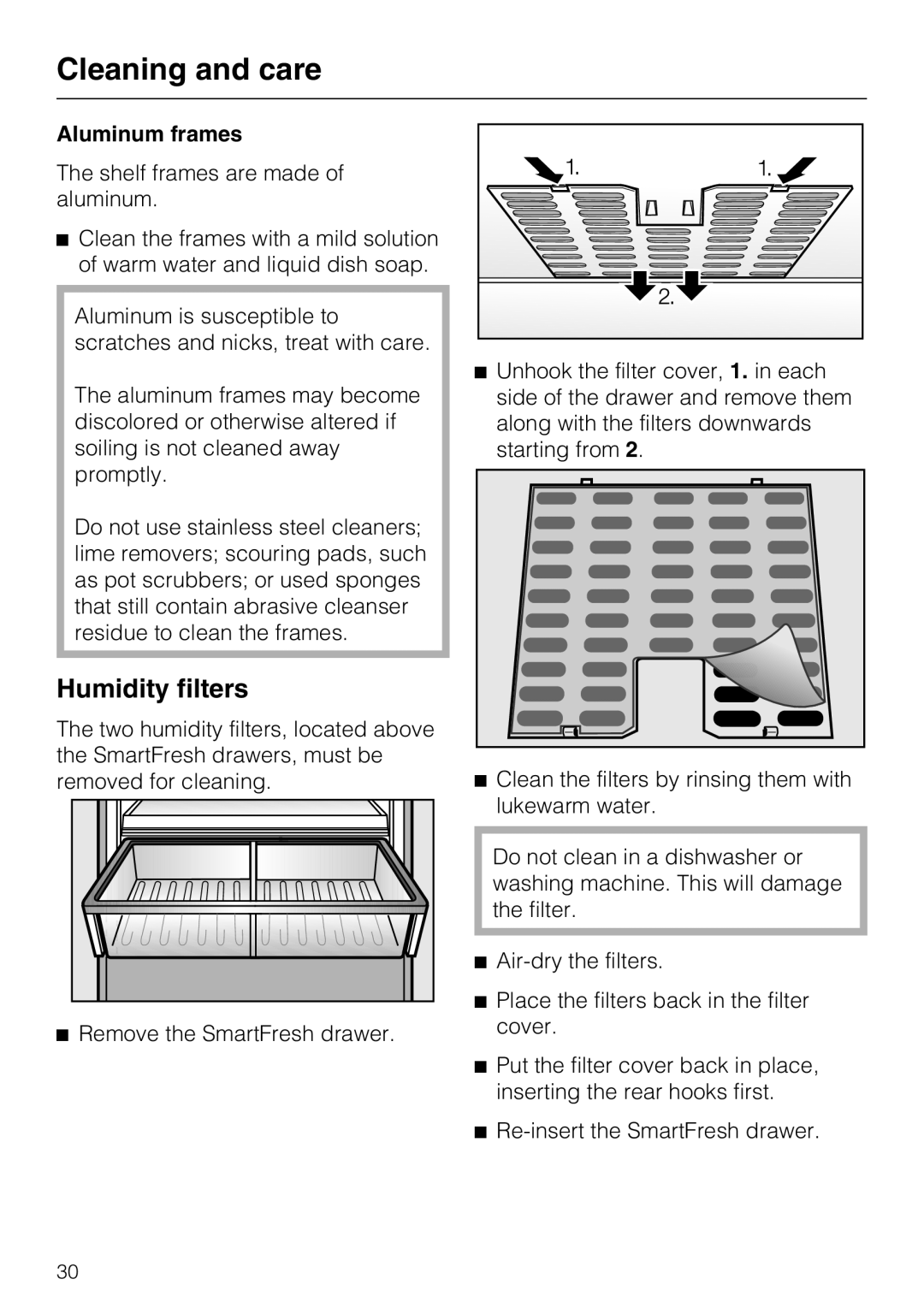 Miele KF1801SF, KF1811SF, KF1901SF, KF1911SF installation instructions Humidity filters, Aluminum frames 