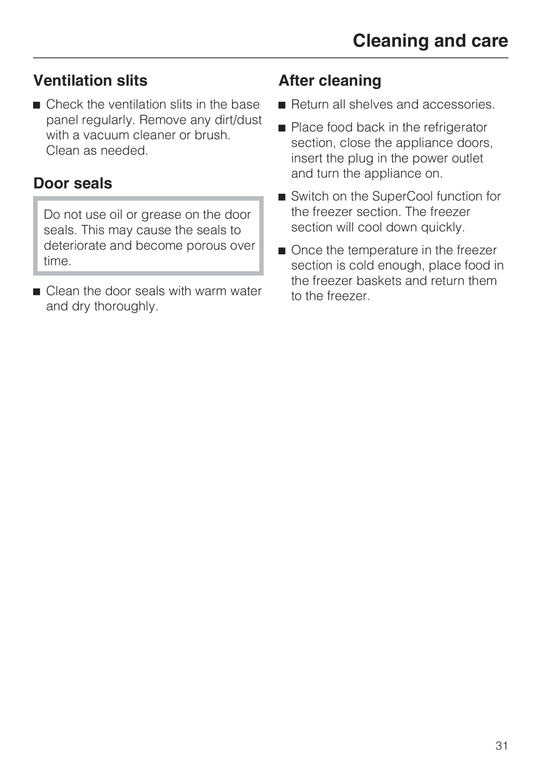 Miele KF1911SF, KF1811SF, KF1901SF, KF1801SF installation instructions Ventilation slits, Door seals, After cleaning 