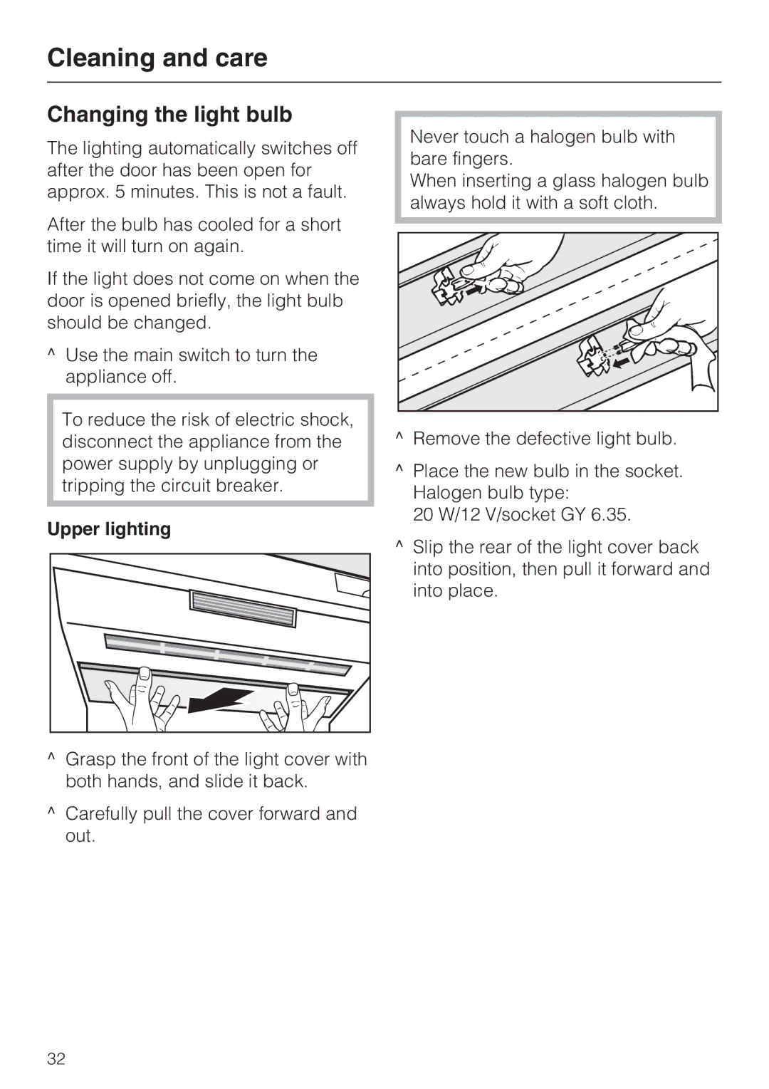 Miele KF1811SF, KF1901SF, KF1801SF, KF1911SF installation instructions Changing the light bulb, Upper lighting 