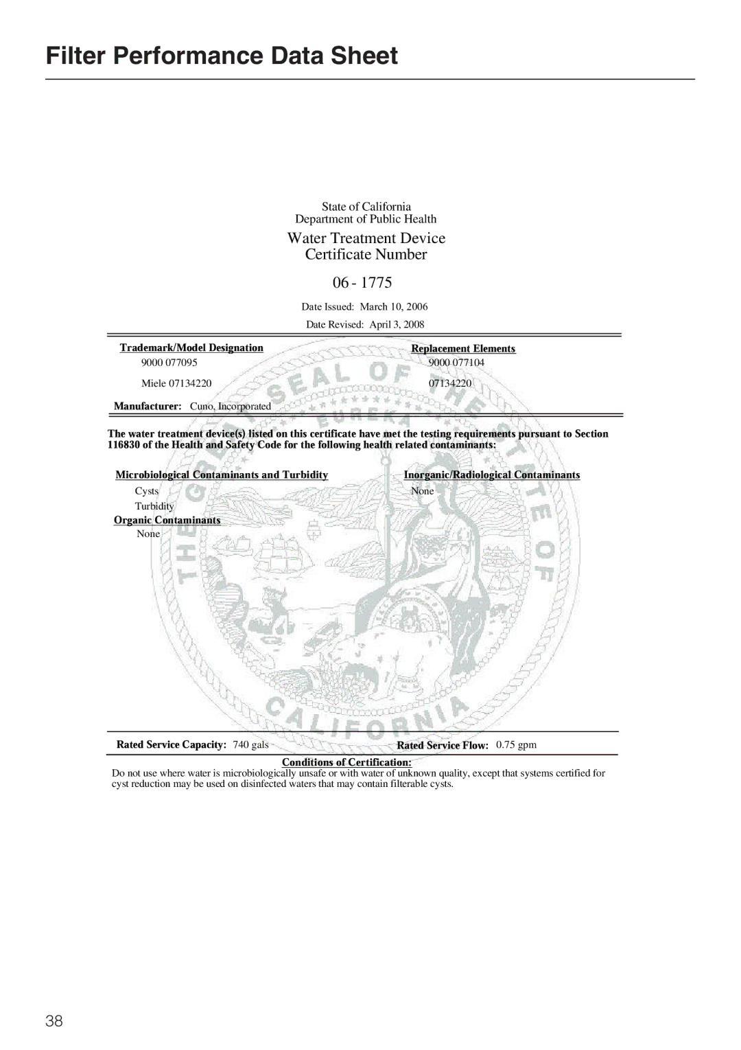 Miele KF1801SF, KF1811SF, KF1901SF, KF1911SF Filter Performance Data Sheet, Water Treatment Device Certificate Number 