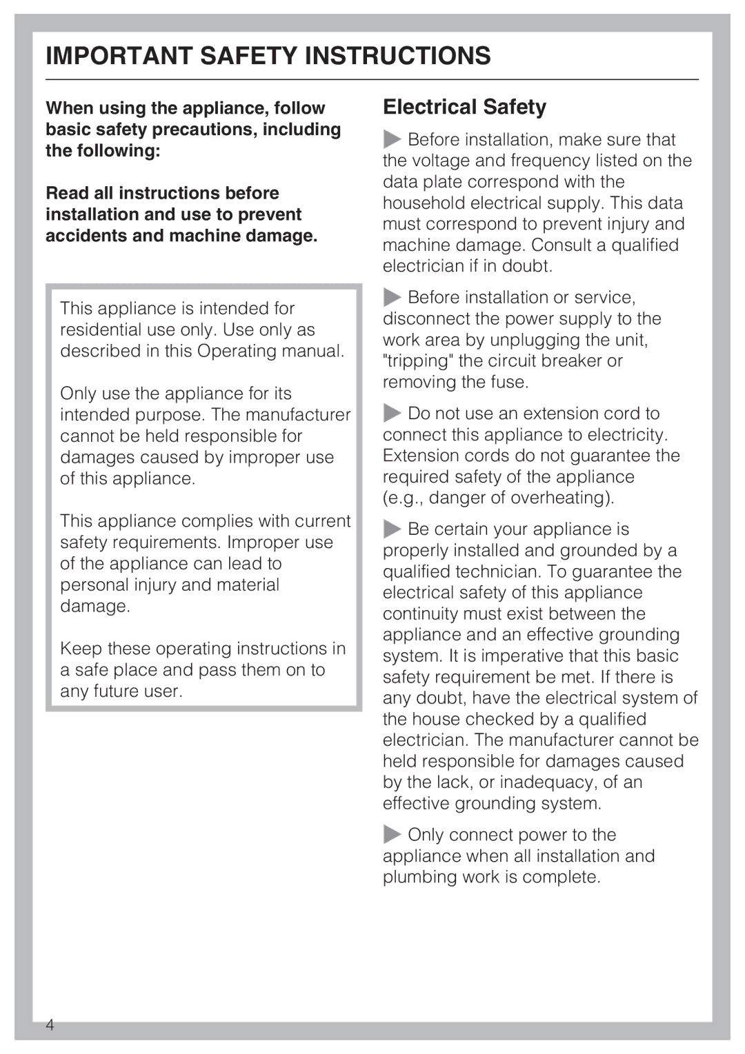 Miele KF1811SF, KF1901SF, KF1801SF, KF1911SF installation instructions Important Safety Instructions, Electrical Safety 