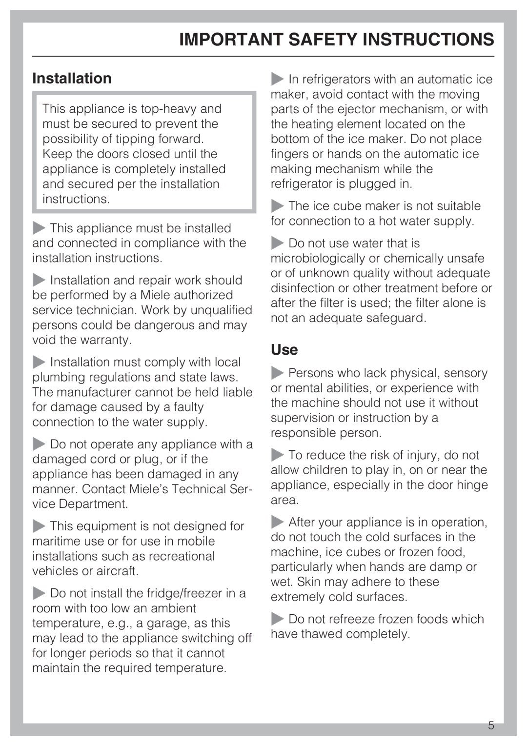 Miele KF1901SF, KF1811SF, KF1801SF, KF1911SF installation instructions Installation, Use 